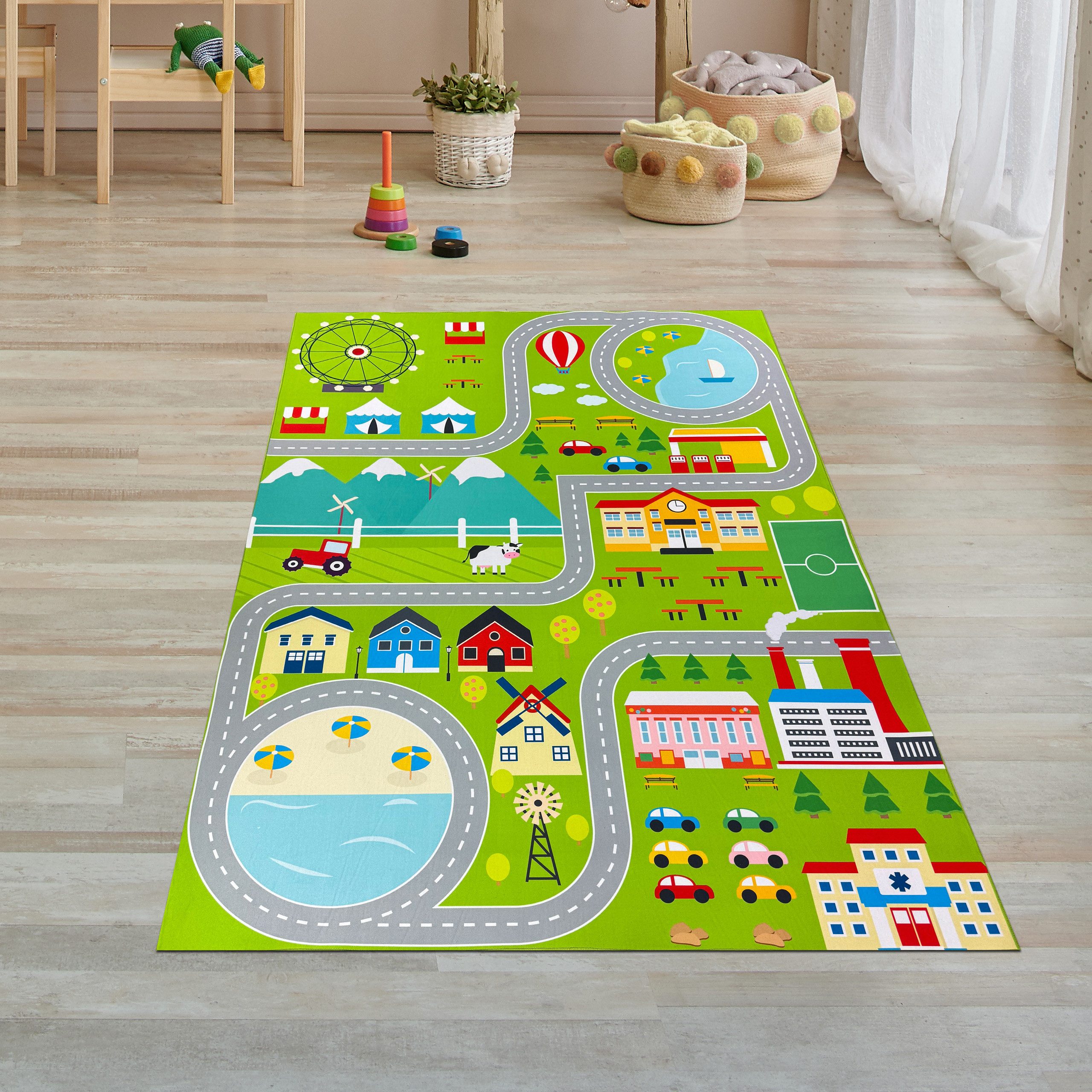 Carpetia Kinderteppich Rutschfester Kinderteppich strapazierfähig mit Stadt günstig online kaufen