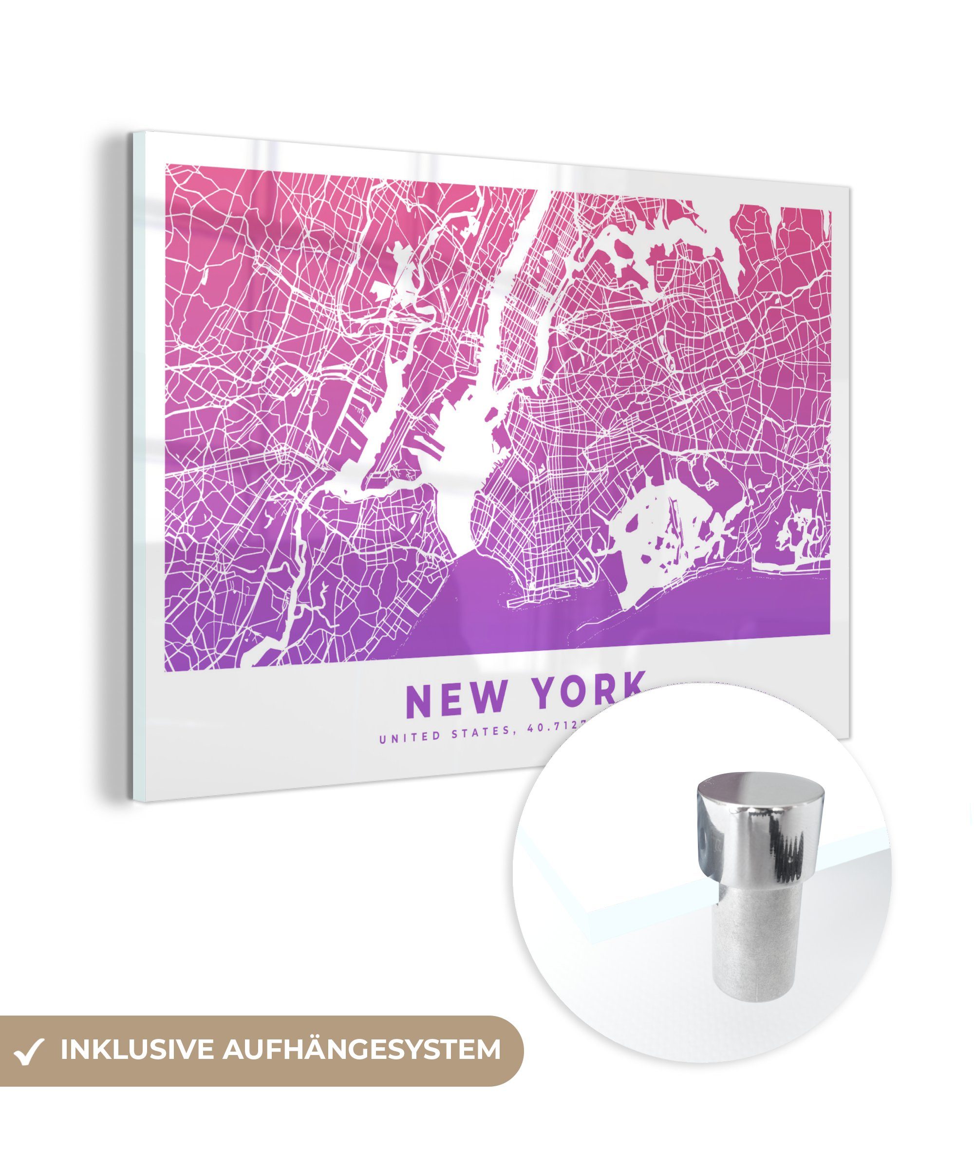 MuchoWow Acrylglasbild New York - Amerika - Karte, (1 St), Acrylglasbilder Wohnzimmer & Schlafzimmer