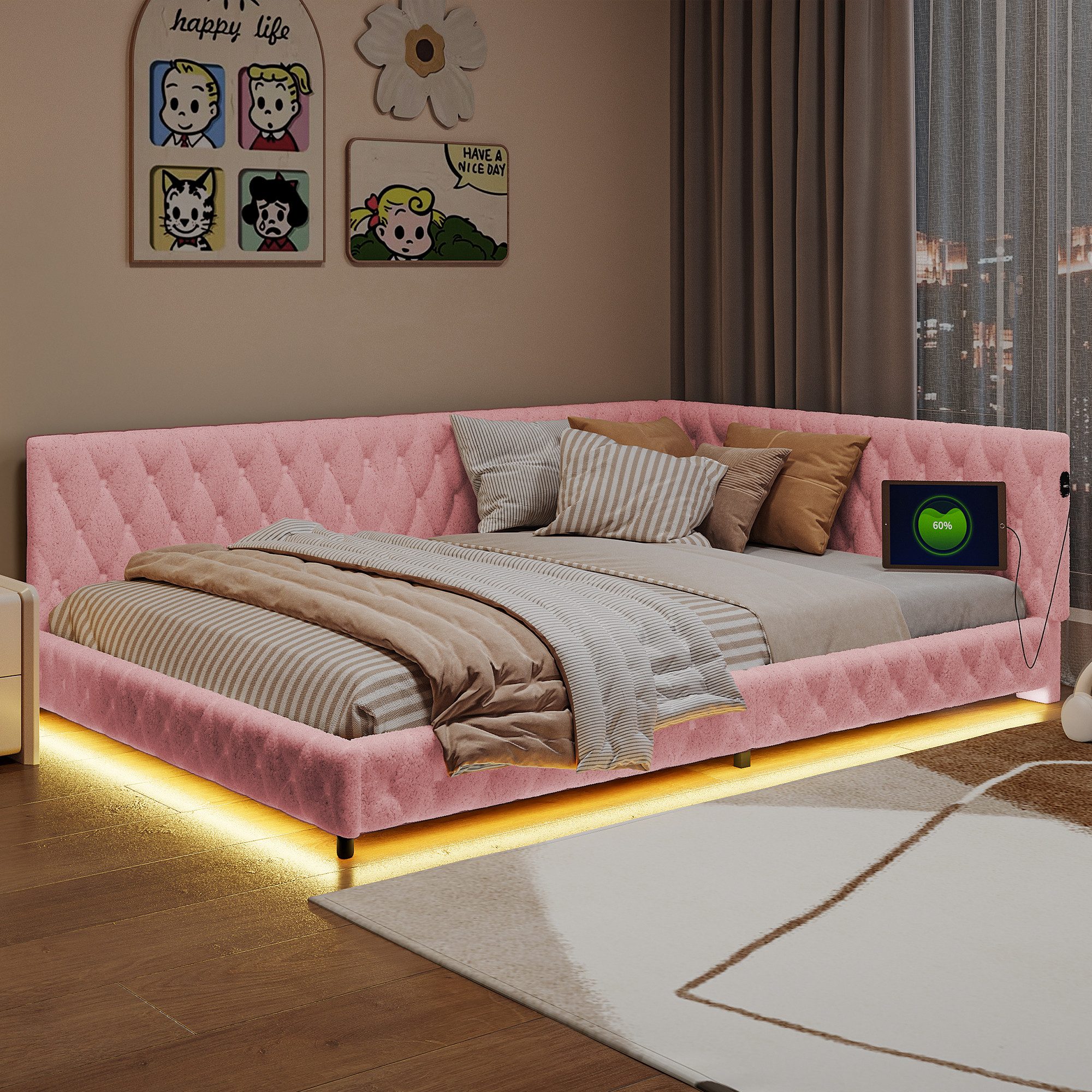 PXloue Polsterbett Daybett Tagesbett, Schlafsofa,Mit LED-Beleuchtung und USB-Ladeanschluss,140x200 cm