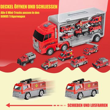 Jioson Spielzeug-Transporter Spielzeug-Transporter Spielzeug-Feuerwehr 7-in-1 LKW Tragekoffer Rot, (34*9.5*14.5 cm, 6 Räder für den Fahrbetrieb und die Sitzstabilisierung), 7 Stück (1X großer Bagger, 6X Alu-LKW)