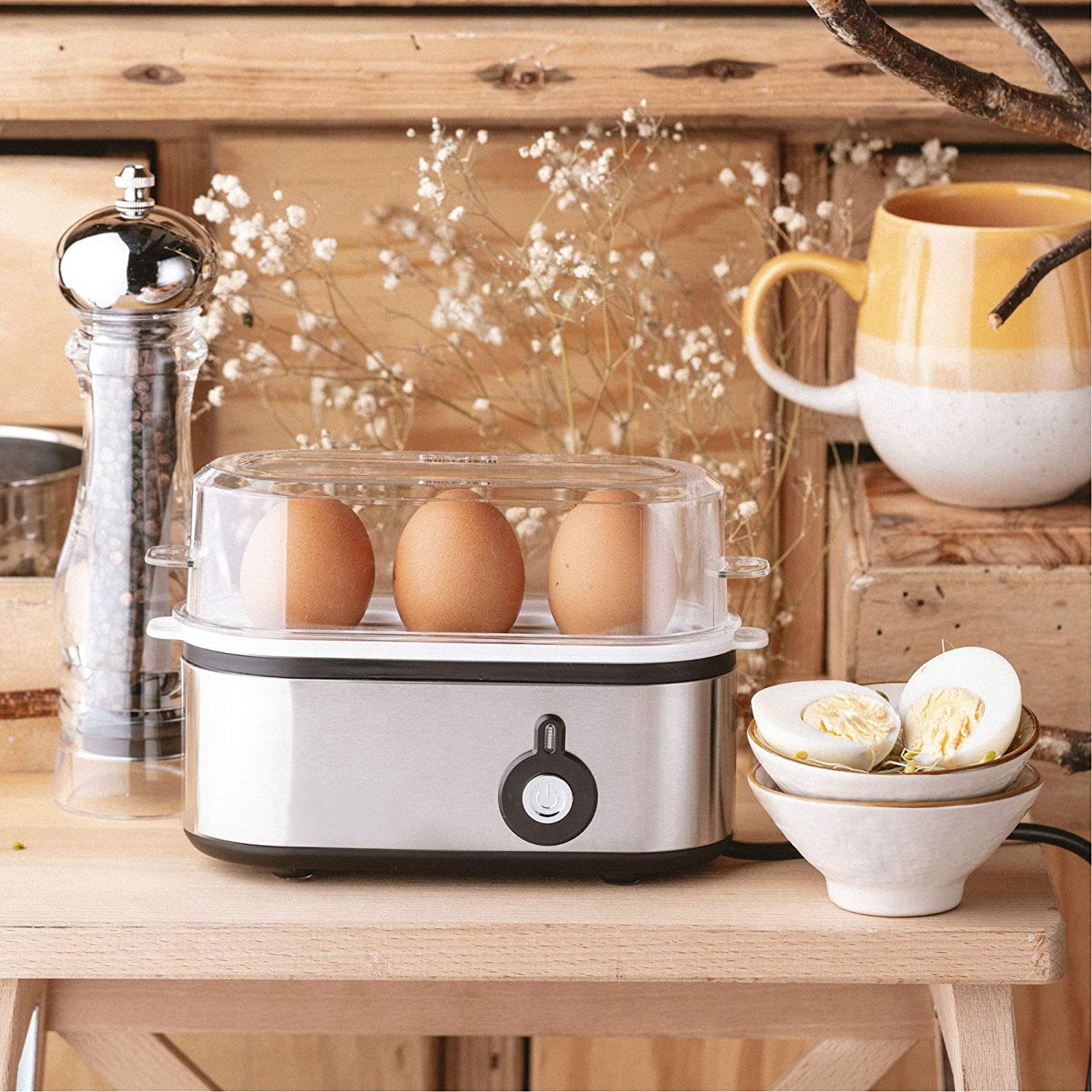 TronicXL Eierkocher Eierkocher für 3 Eier mit Messbecher Mini Edelstahl silber klein