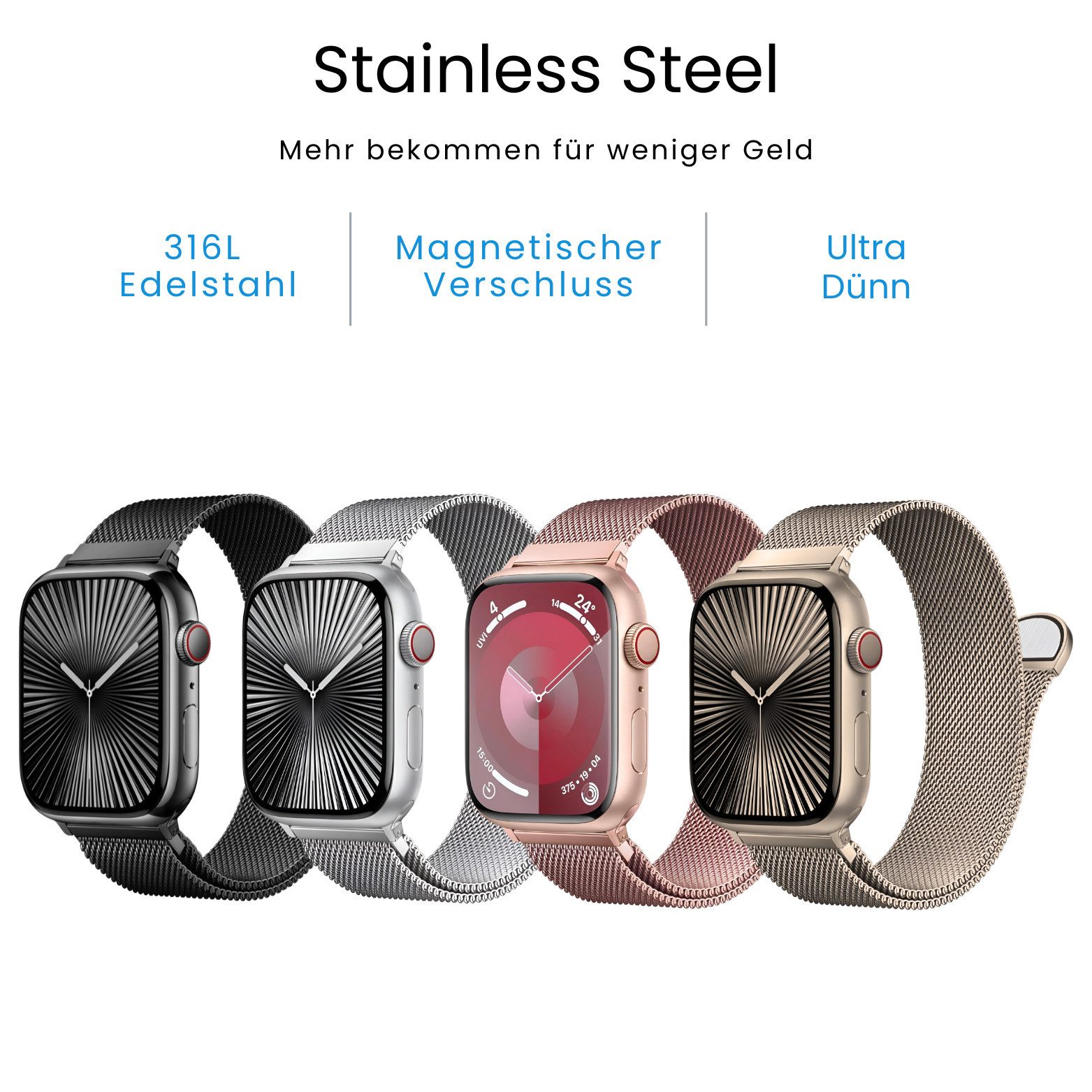 S&T Design Smartwatch-Armband Armband Edelstahl für Apple Watch Magnetisch Mesh Milanaise, Kompatibel mit Apple Watch 38 / 40 / 41/ 42 / 44 / 45 / 46 / 49 Metall