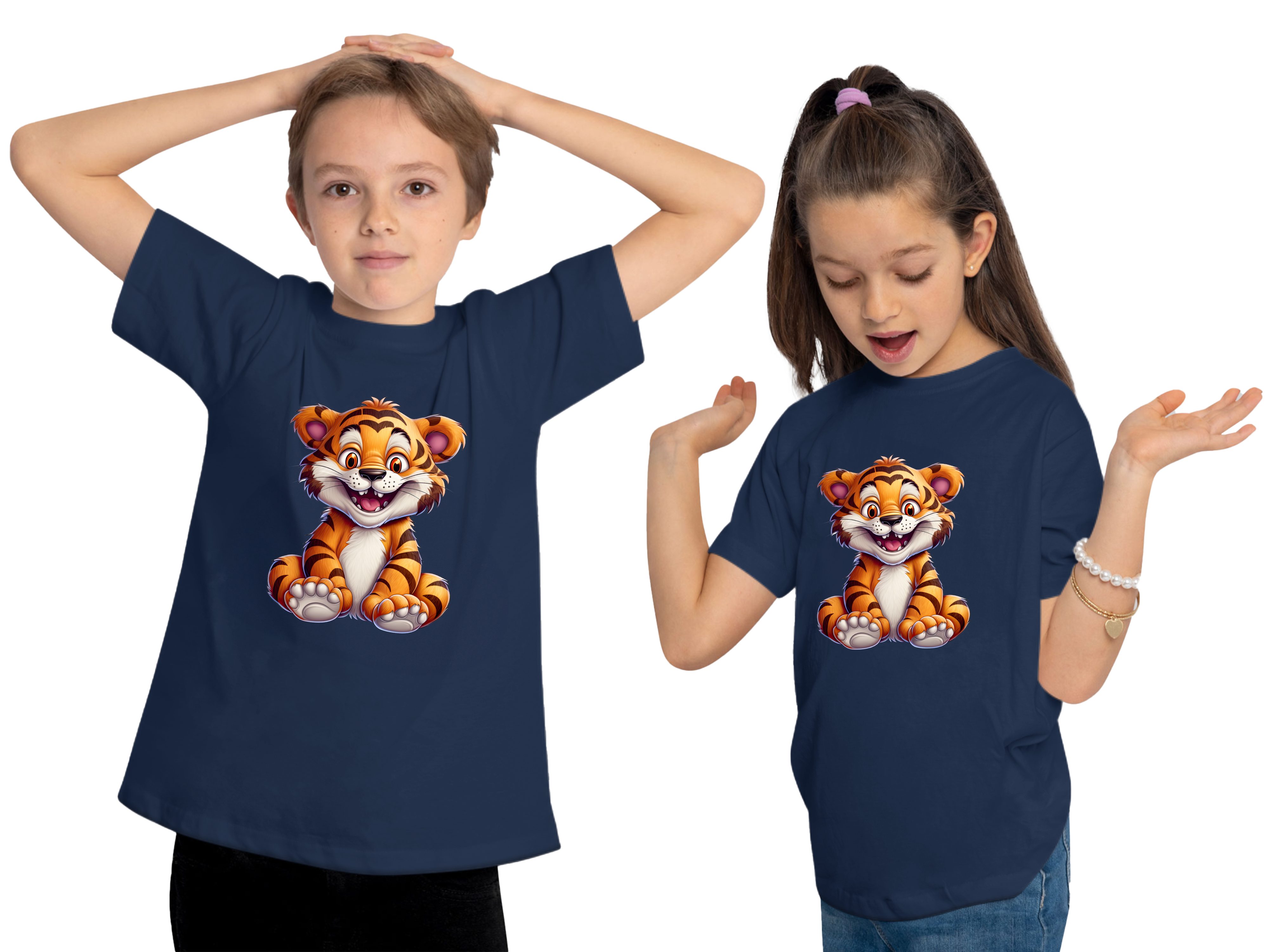 MyDesign24 T-Shirt i278 Aufdruck, mit Print blau Kinder Baby navy - Baumwollshirt Tiger bedruckt Wildtier Shirt