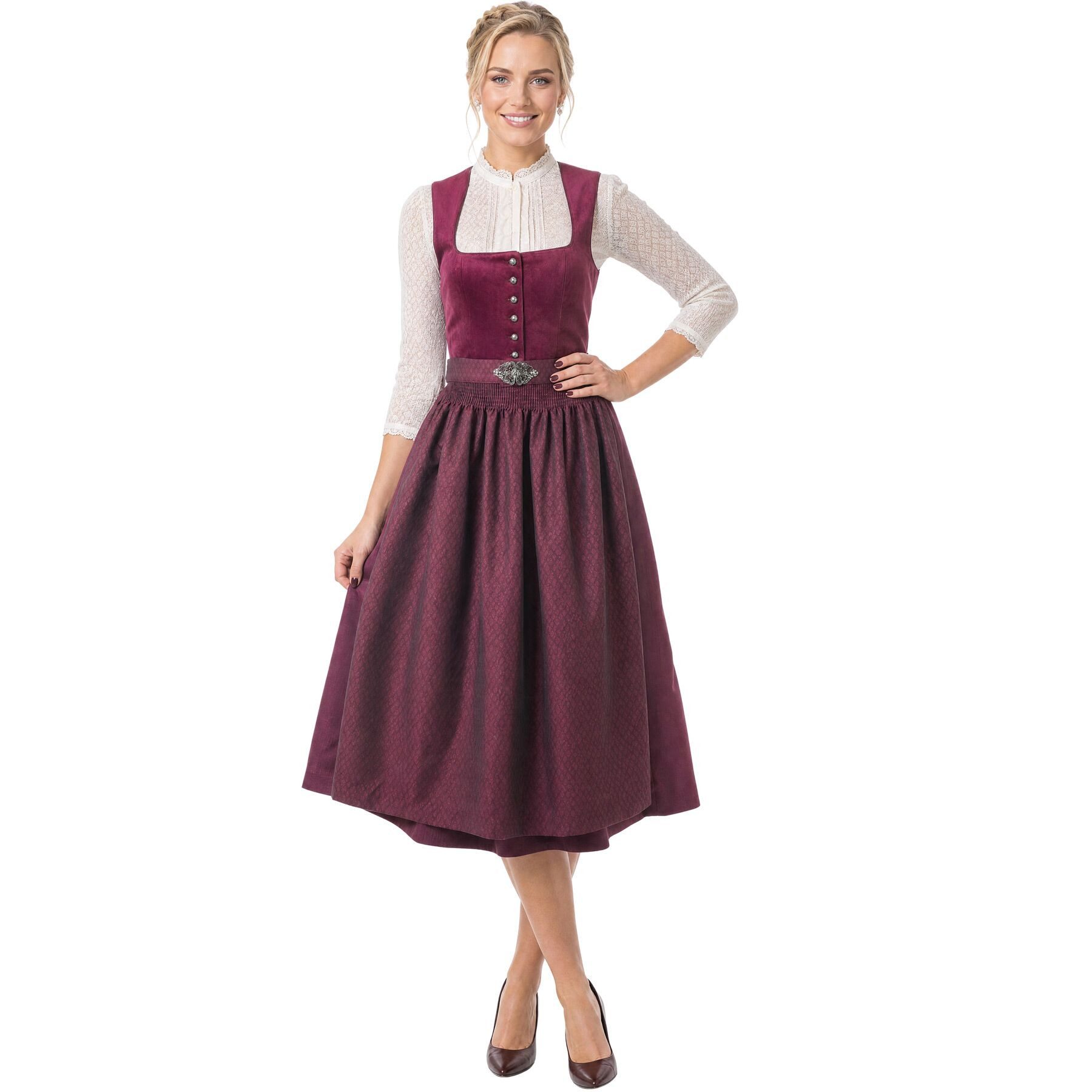 dressforfun Dirndl Maxi-Dirndl, Purpur, Samt-Mieder, Ausschnitt, Knopfleiste, bequem (Trachtenkleid Chiara, in rot) Schürze mit Schnalle, Rock gemustert, Taschen versteckt, pflegeleicht