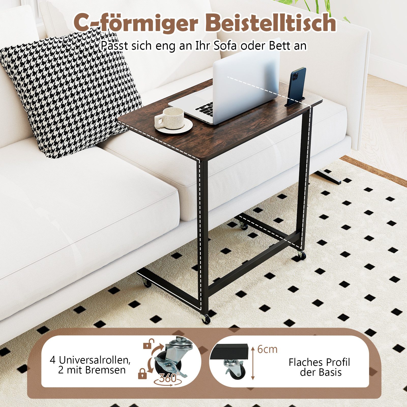 COSTWAY Beistelltisch, Laptoptisch fürs Bett, Sofa mit Rollen C-förmiger Betttisch