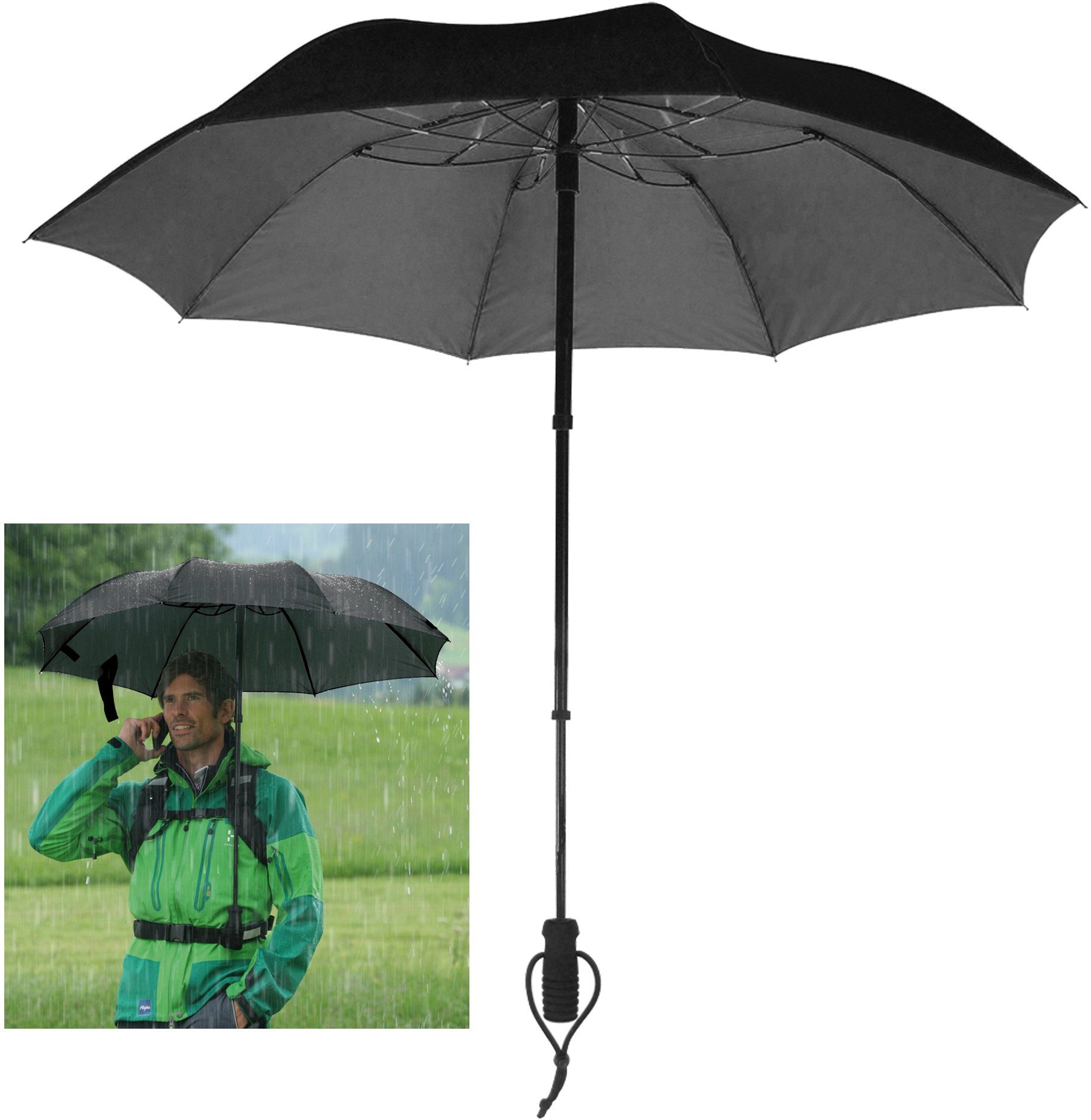EuroSCHIRM® Taschenregenschirm teleScope handsfree, schwarz, zweifach ausziehbarer Schaft, handfrei tragbar