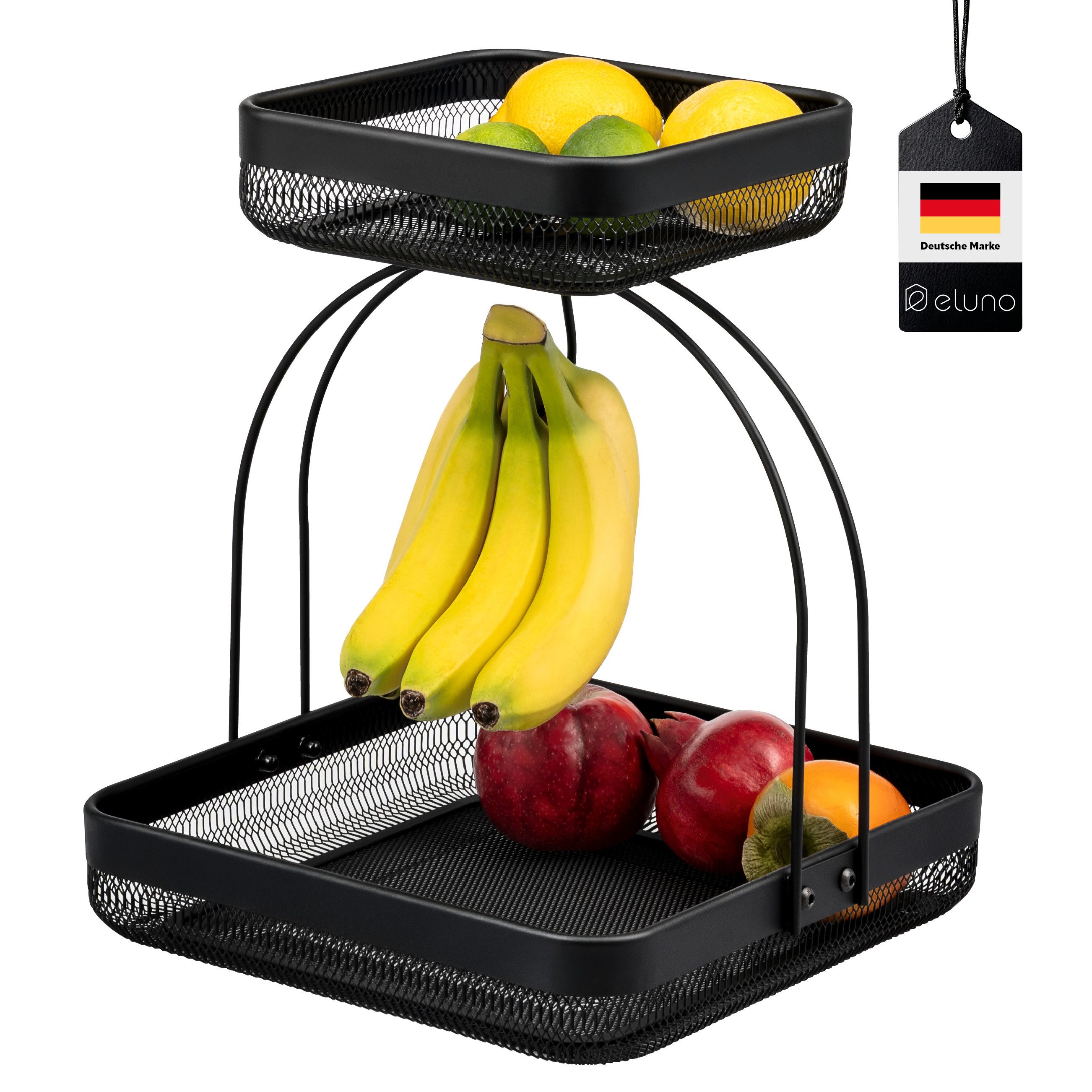 eluno Obstschale 2-stöckig mit Bananenhalter aus schwarzem Metall