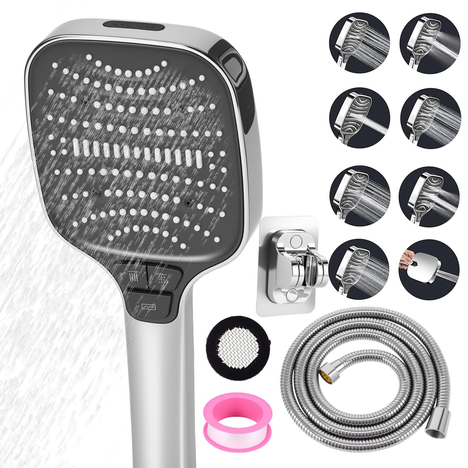 BlingBin Regenduschkopf Duschkopf mit Schlauch 1.5m, Duschbrause mit 8 Strahlarten, (Duschkopf Hochdruck, 1-tlg., Brauseschlauch, Handbrause, Brausehalter), Duschköpfe Regendusche groß, Regendusche Shower Head,Handbrause Dusche