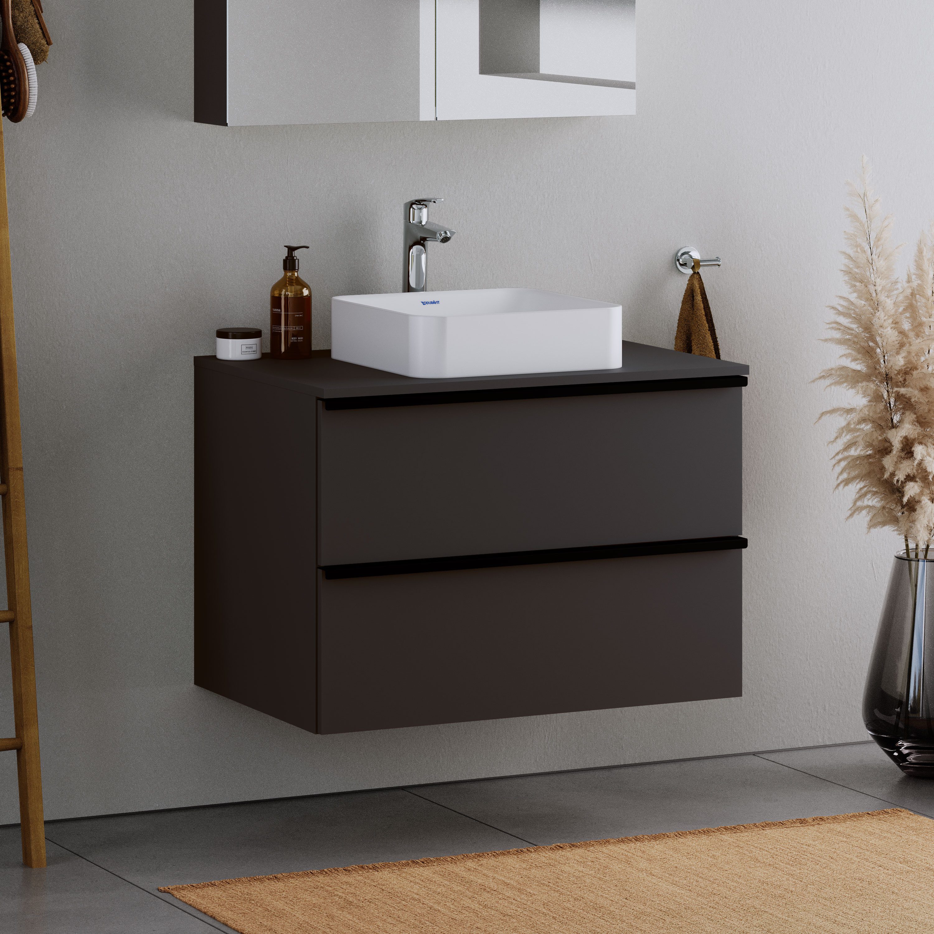 Duravit Waschbeckenunterschrank DuraPoint Graphit matt 80cm Waschtischunterschrank für Aufsatzbecken 2 Auszüge Griffleiste schwarz