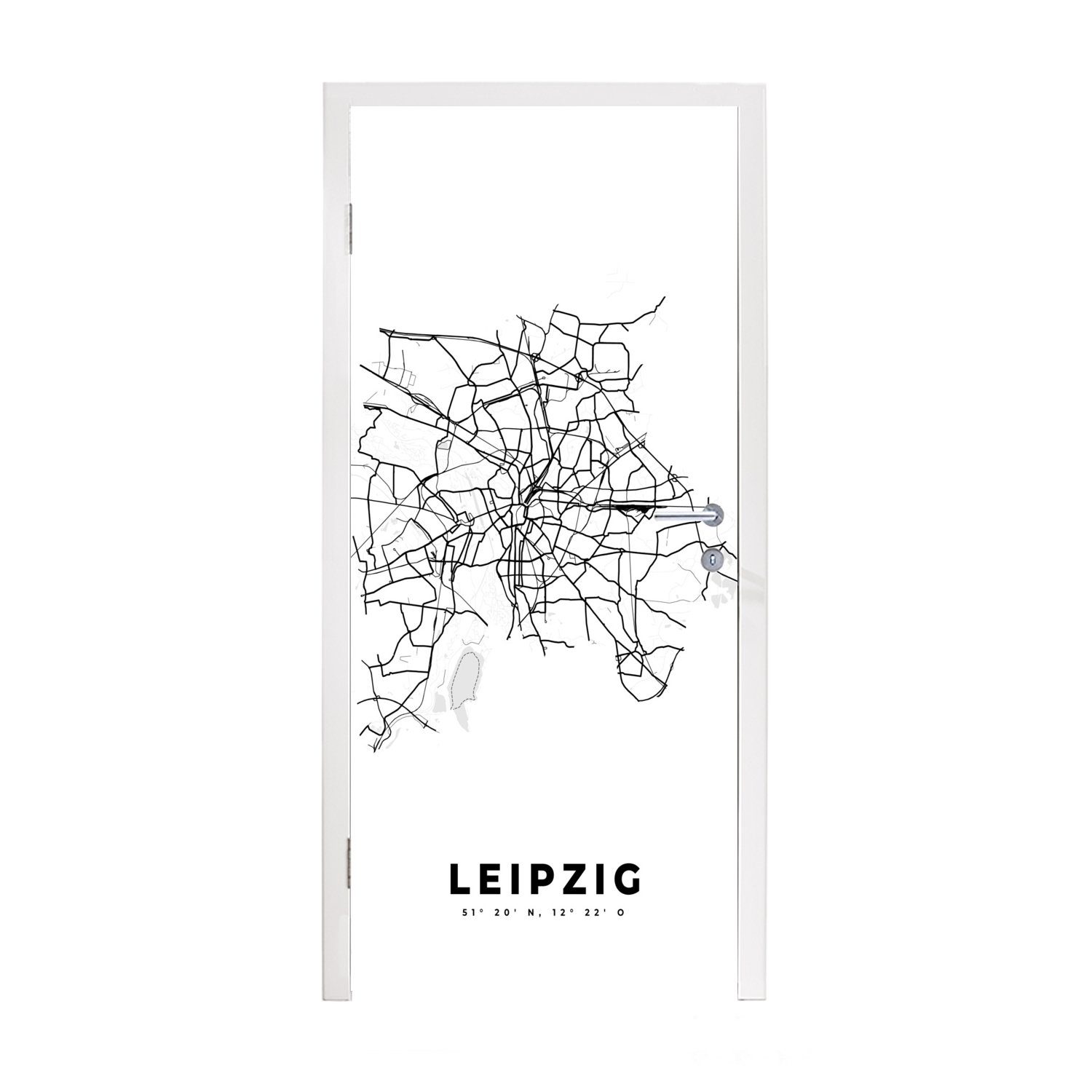 MuchoWow Türtapete Deutschland - Leipzig - Stadtplan - Schwarz-weiß - Karte, Matt, bedruckt, (1 St), Fototapete für Tür, Türaufkleber, 75x205 cm