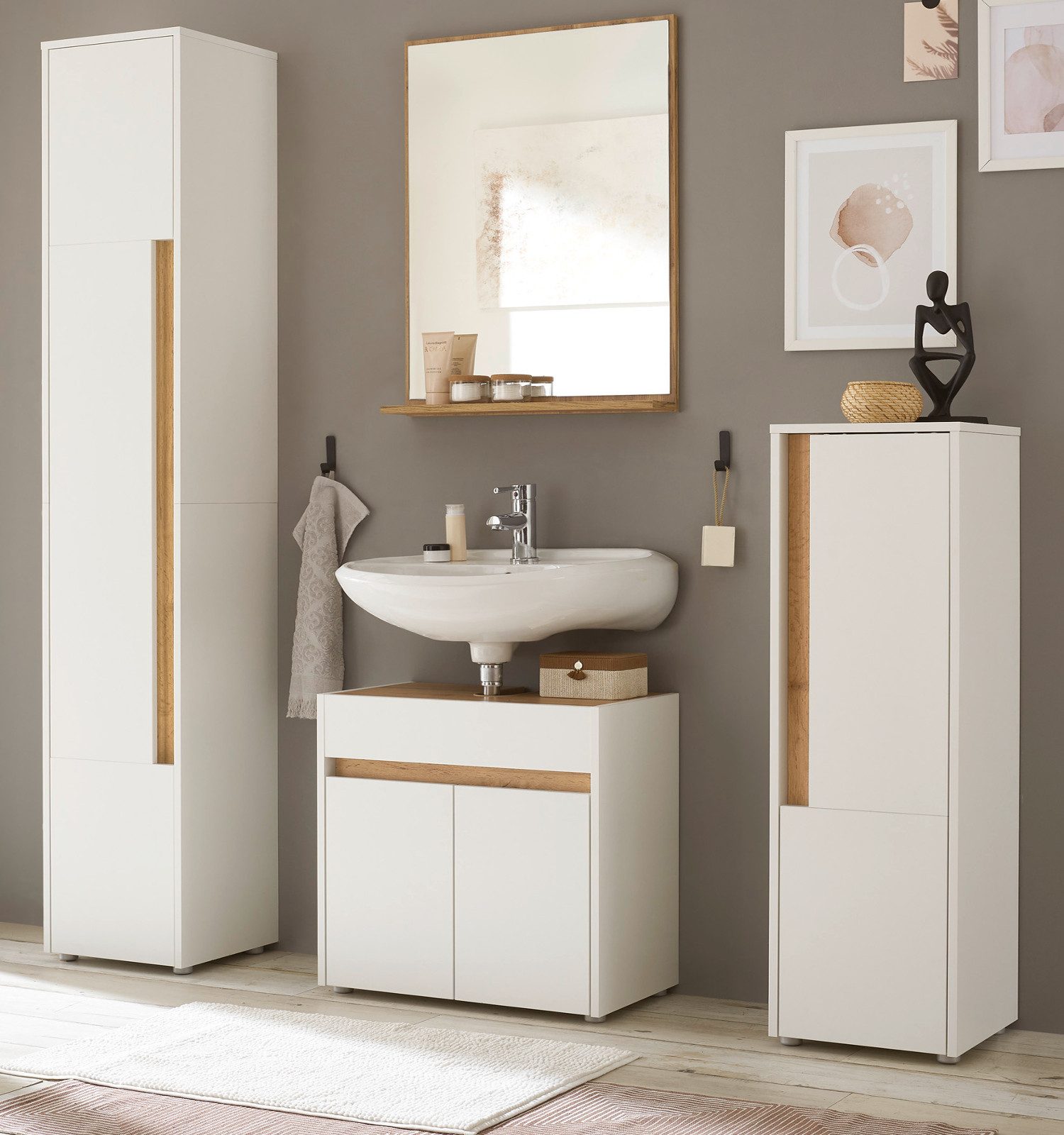 Furn.Design Badmöbel-Set Center, (Badezimmer in weiß mit Wotan Eiche, 4-teilig, 170 x 200 cm), mit 10 Fächern