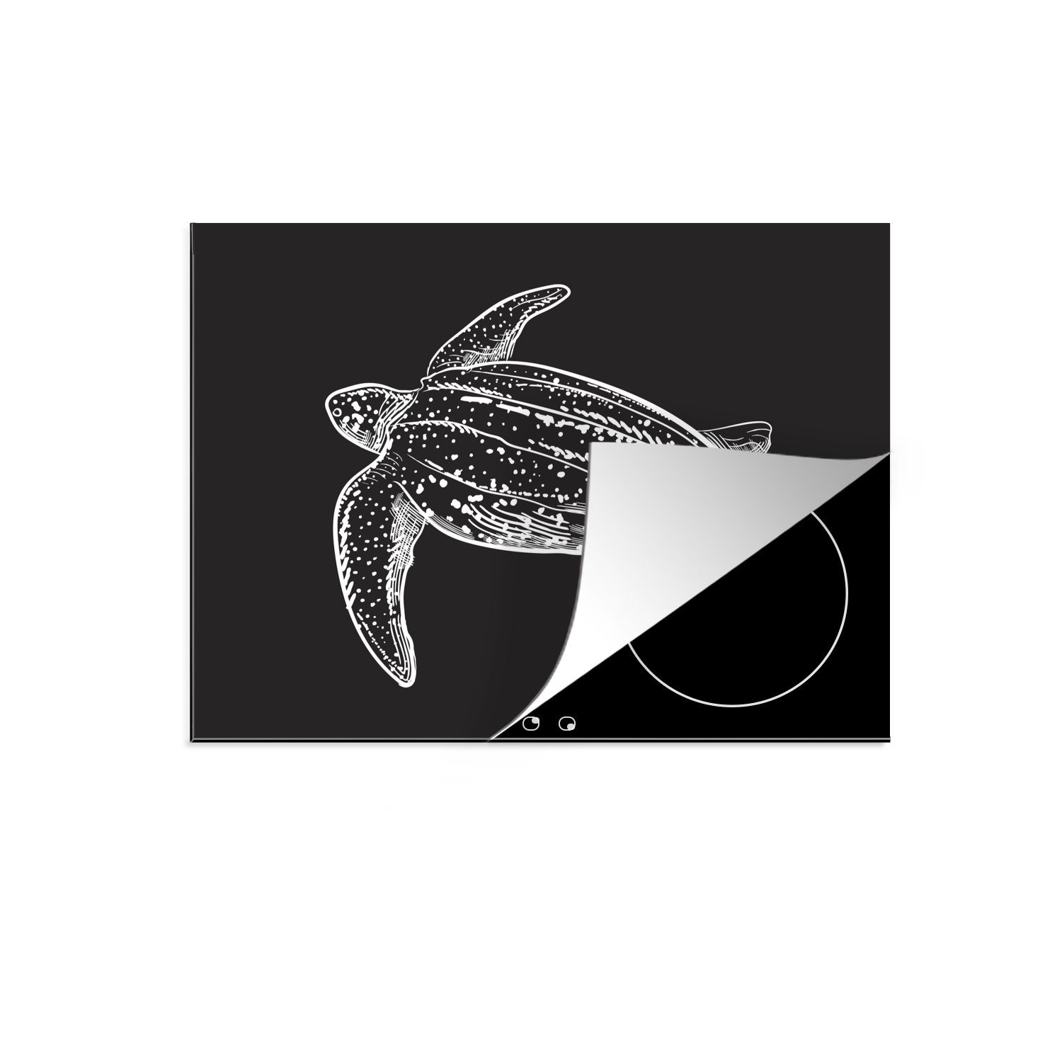 MuchoWow Herdblende-/Abdeckplatte Schwarz-weiße Illustration einer Schildkröte, Vinyl, (1 tlg), 71x52 cm, Induktionskochfeld Schutz für die küche, Ceranfeldabdeckung