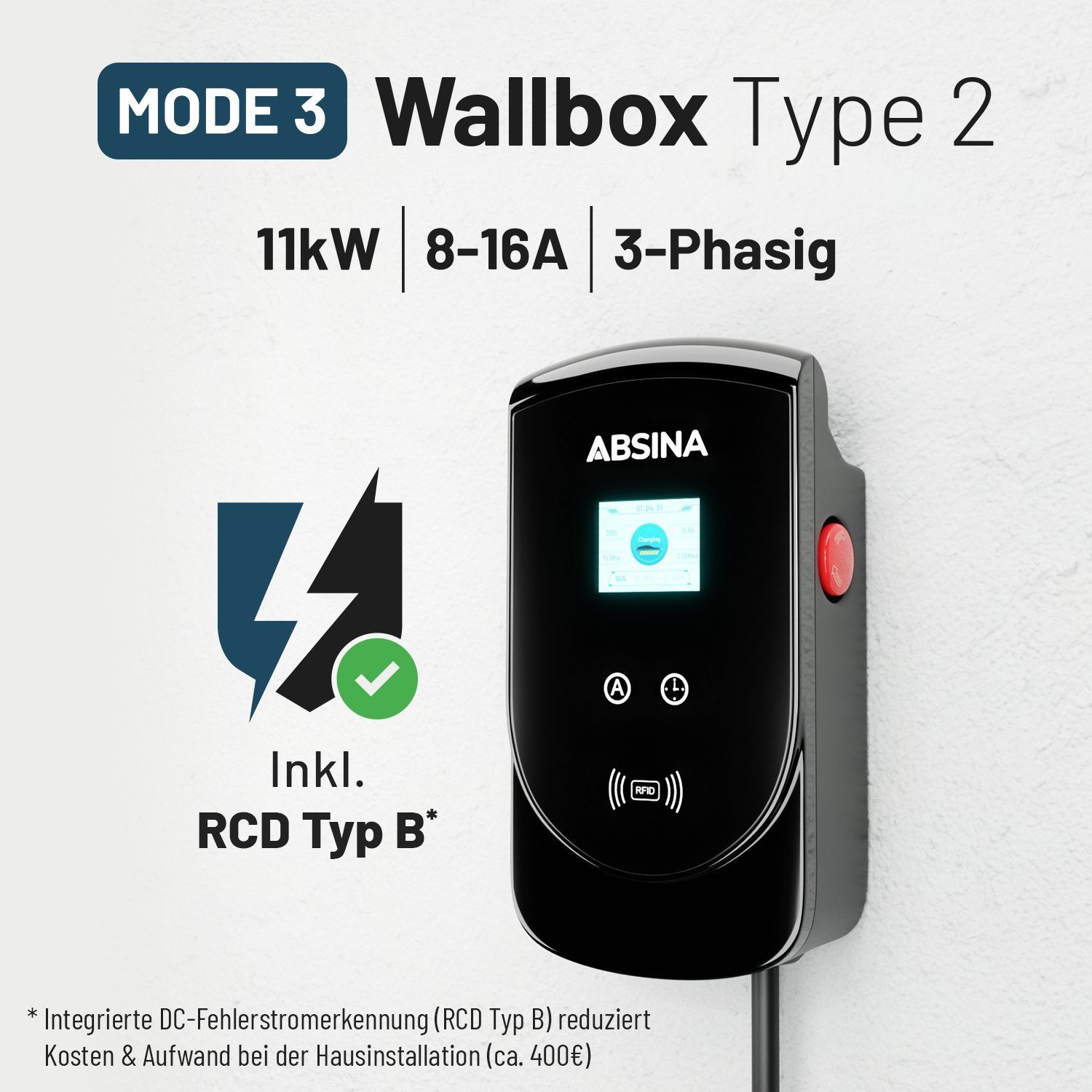 ABSINA Wallbox 11kW mit Typ 2 Ladekabel 8m - Elektroauto Ladestation bis 16A Elektroauto-Ladegerät