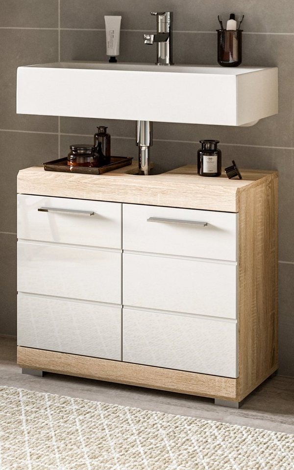 xonox.home Waschbeckenunterschrank Lambada (Badschrank in Sonoma Eiche und  weiß, 60 x 56 cm) mit Hochglanz-Fronten