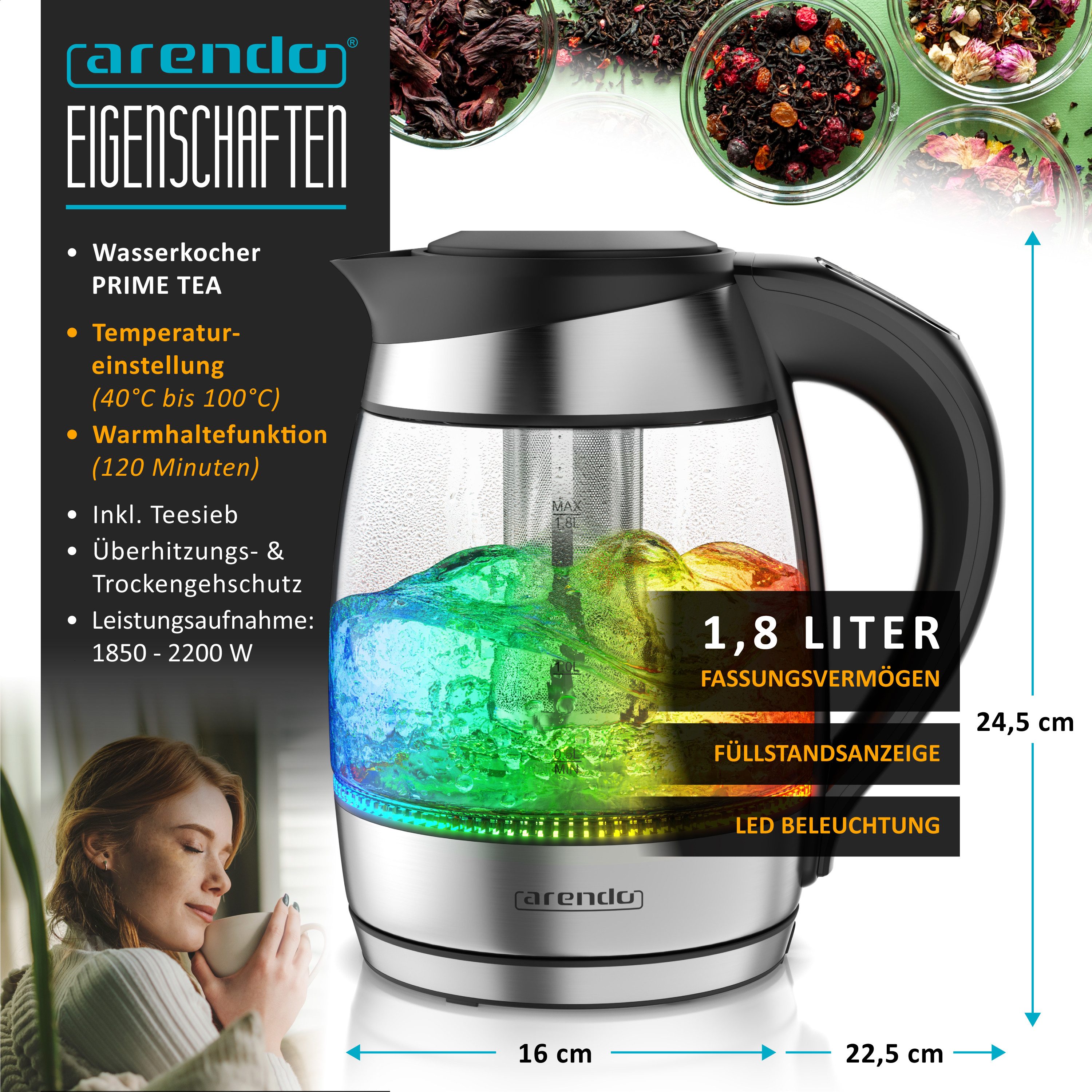 Arendo Wasserkocher Teekocher aus Glas & Edelstahl mit Temperatureinstellung und Teesieb, 1,8 l, 2200 W, Temperaturwahl 40° C - 100° C, Überhitzungsschutz, Warm – Bild 2 von 5
