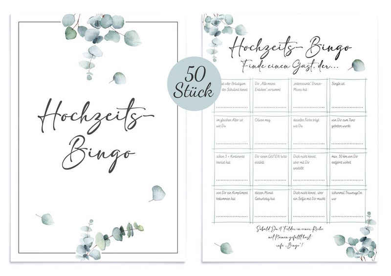 CreativeRobin Hochzeitskarte Hochzeitsbingo als Hochzeitsspiel für Brautpaar & Gäste I 50 Blätter