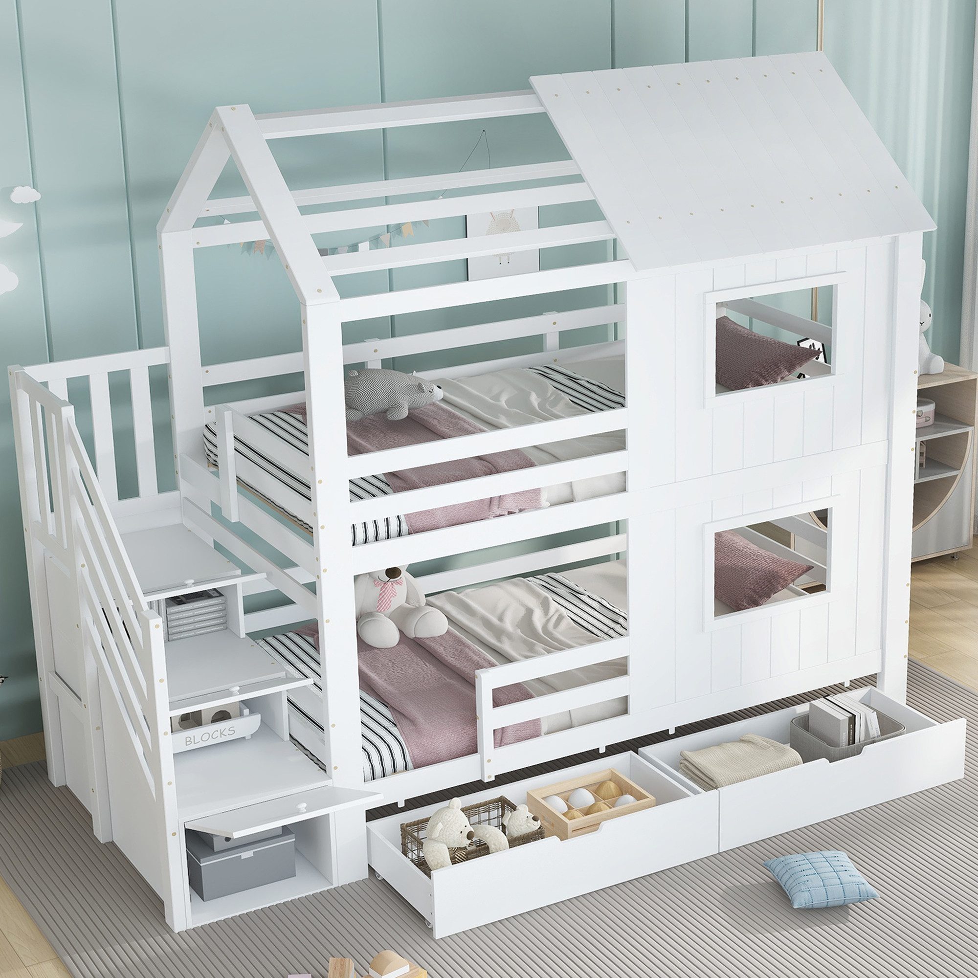 Merax Etagenbett 90x200cm mit Dach und Fenstern (1-St., Stockbett Jugendbett Doppelbett Hausbett), Kinderbett mit Treppenschrank, Ablagefächern & Aufbewahrungsschublade