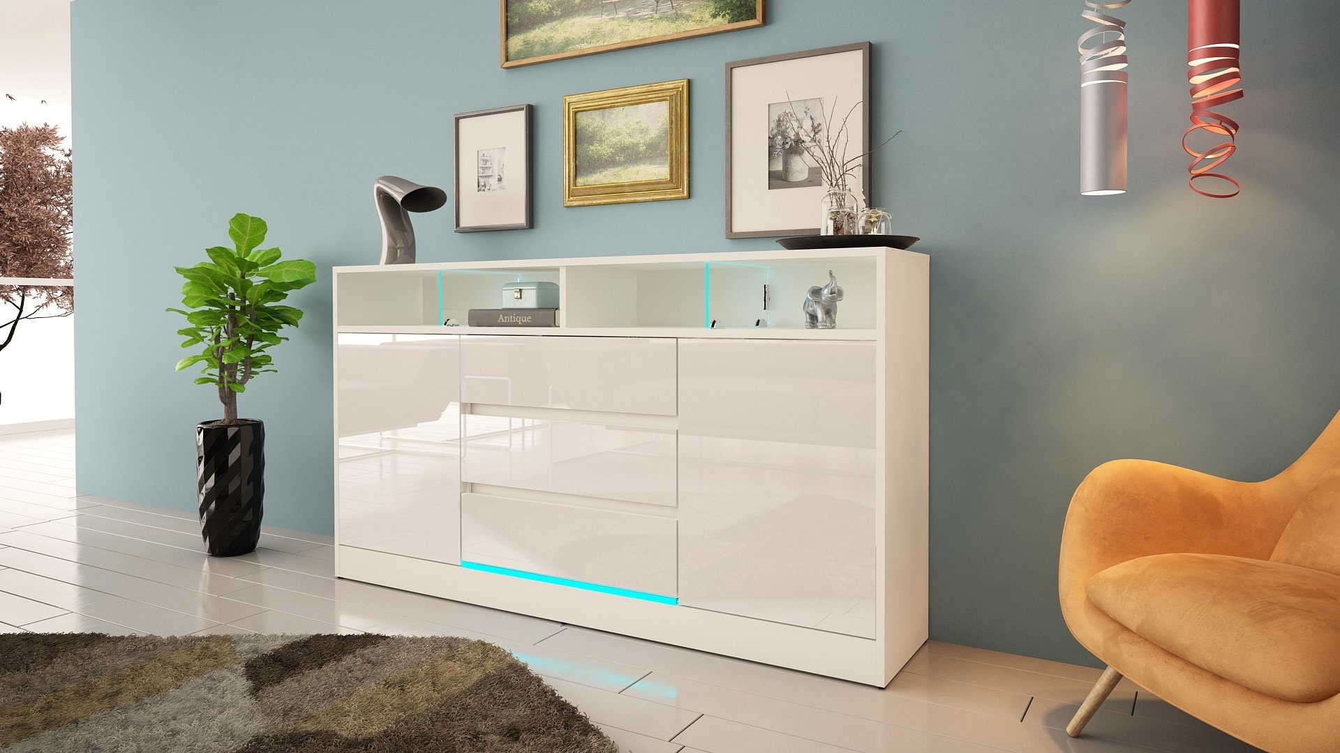 WOHNZIMMERSCHRANK hochglanz, MIT pressiode KOMMODE schwarz WEISS, LED-STREIFEN hochglanz 160CM weiss Kommode