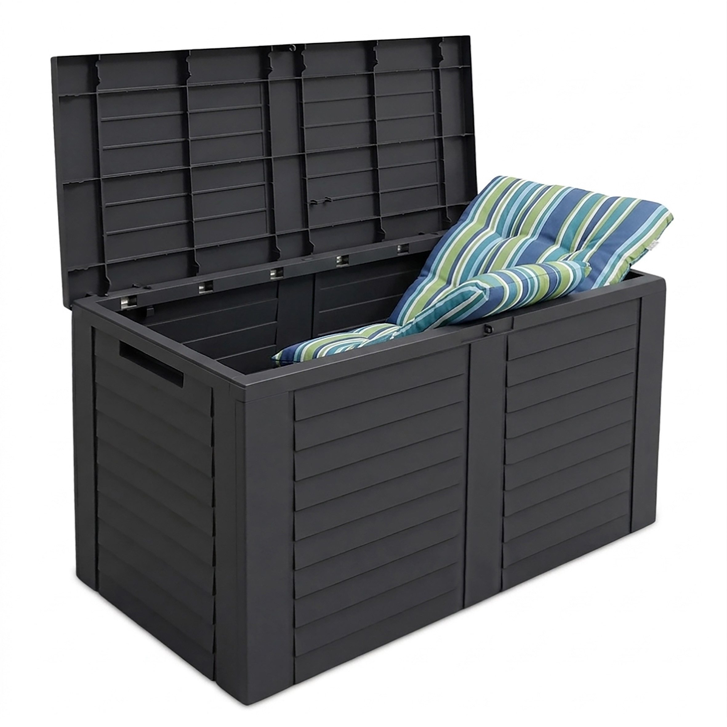 Spetebo Aufbewahrungsbox Kunststoff Kissenbox anthrazit in Holz Optik - 75 x 53 cm (Anzahl, 1 St., Stück), Wetterfestes und pflegeleichtes Material