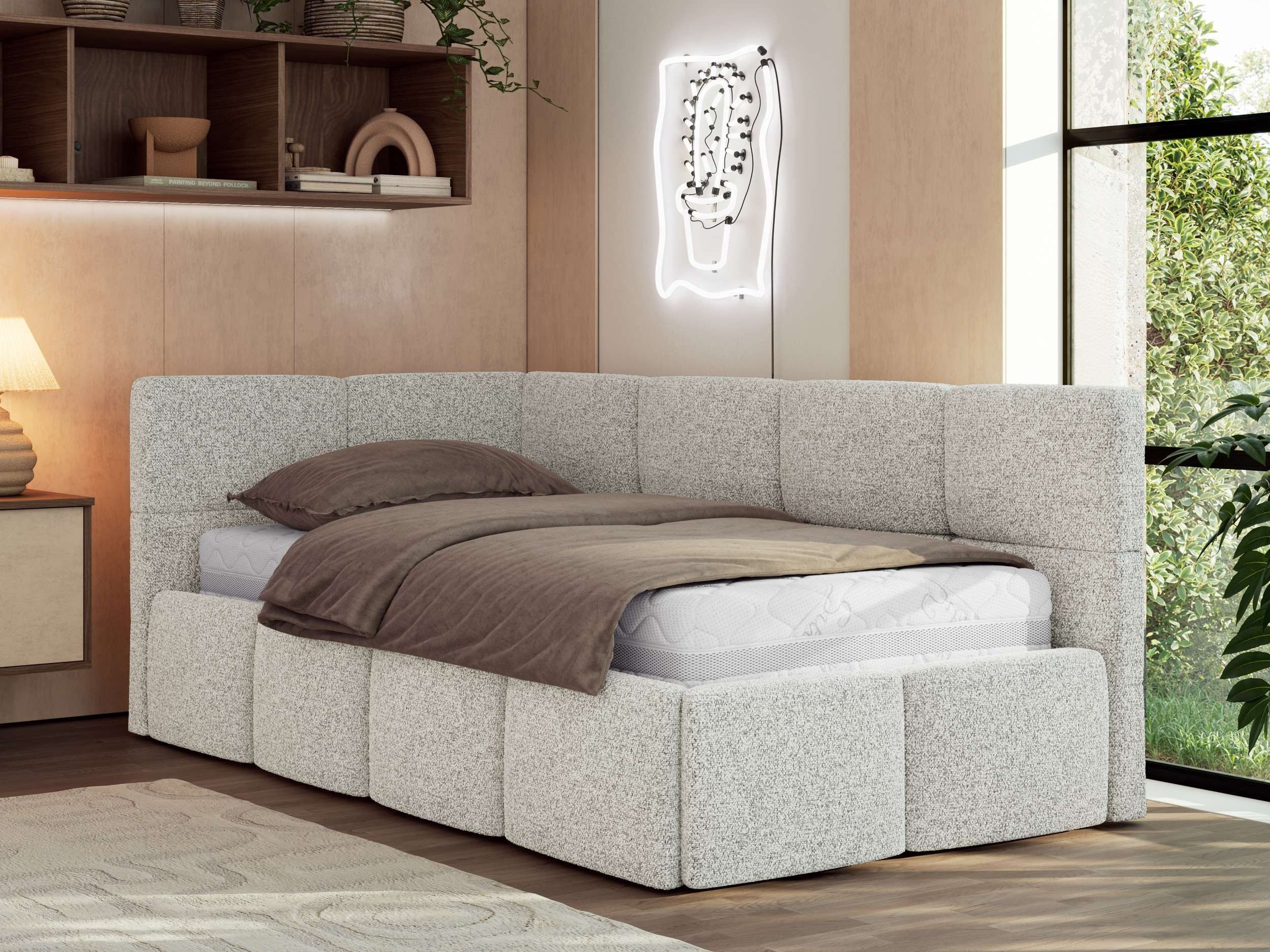 MKS MÖBEL Jugendbett ARVO 90x200 (Set, inkl. Lattenrost, Bettkasten und gepolstertem Kopfteil), Eckbett mit Stauraum, Polsterbett mit Gasdruckfedern