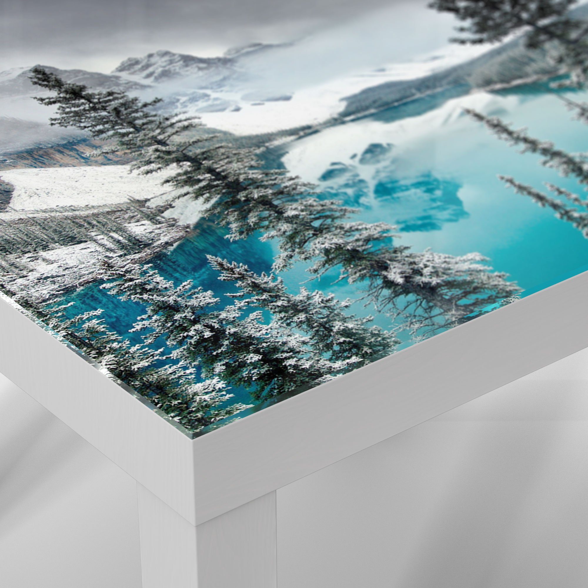 Beistelltisch Weiß Glastisch 'Moraine modern Glas See Couchtisch im DEQORI Winter',