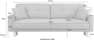 Home affaire 3-Sitzer Triplo wahlweise mit Bettfunktion und Bettkasten, incl. Zierkissen, B/T/H: 215/100/89 cm Liegefläche 191 x 145 cm
