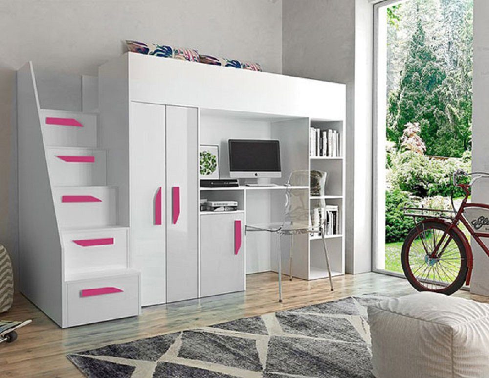 Feldmann-Wohnen Hochbett PARTY (Etagenbett mit Schreibtisch + Kleiderschrank) Farbe wählbar weiß / weiß Hochglanz - Griffe pink