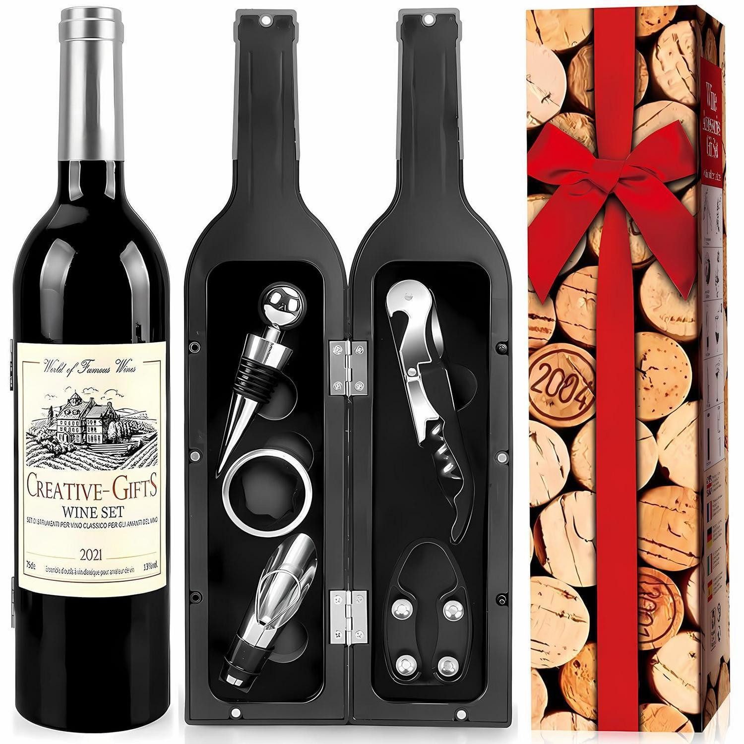 LuxusKollektion Sommelier-Set Weinflaschen Korkenzieher Set 5tlg silver