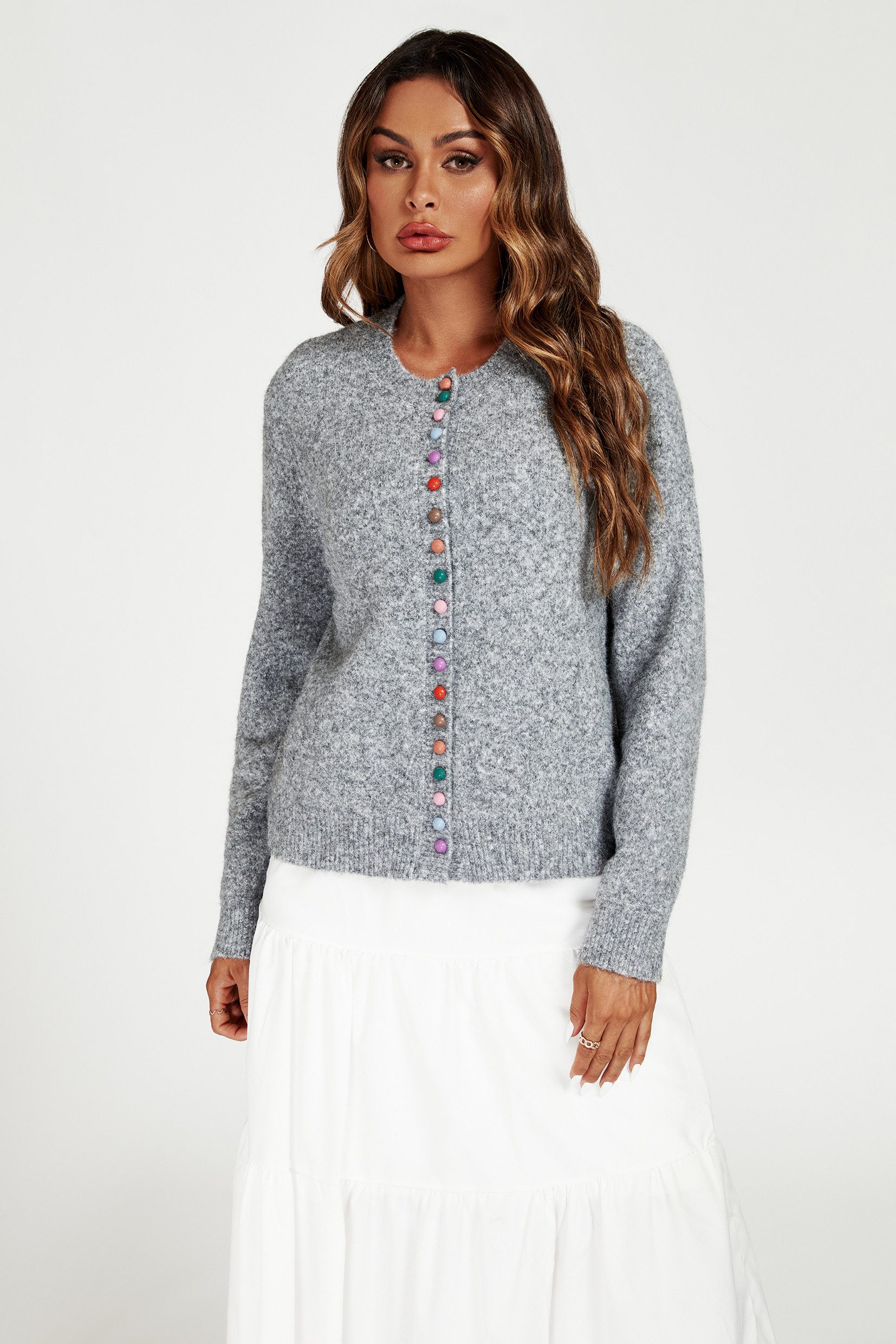 FS Collection Strickjacke Damen Strickjacke Cardigan Feinstrick Regenbogenknöpfe Langarm (Einheitsgröße) 56% Viskose, 26% Polyester, 18% Wolle, bunte Knöpfe