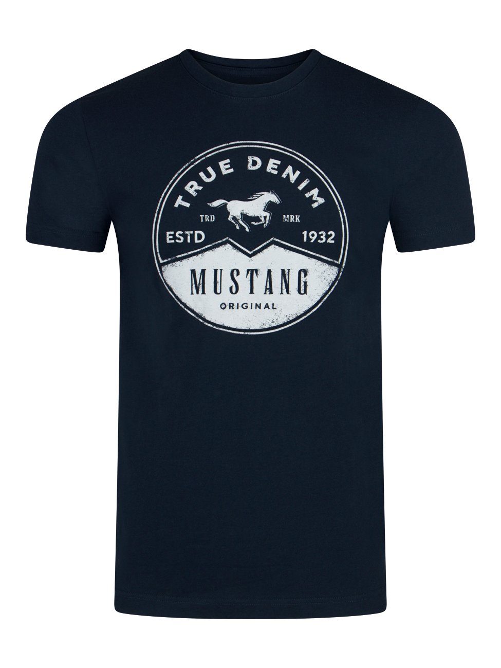 MUSTANG T-Shirt Herren Printshirt Regular Fit (1-tlg) Kurzarm Tee Shirt mit Rundhalsausschnitt aus 100% Baumwolle Dark Sapphire (1014004-4136)