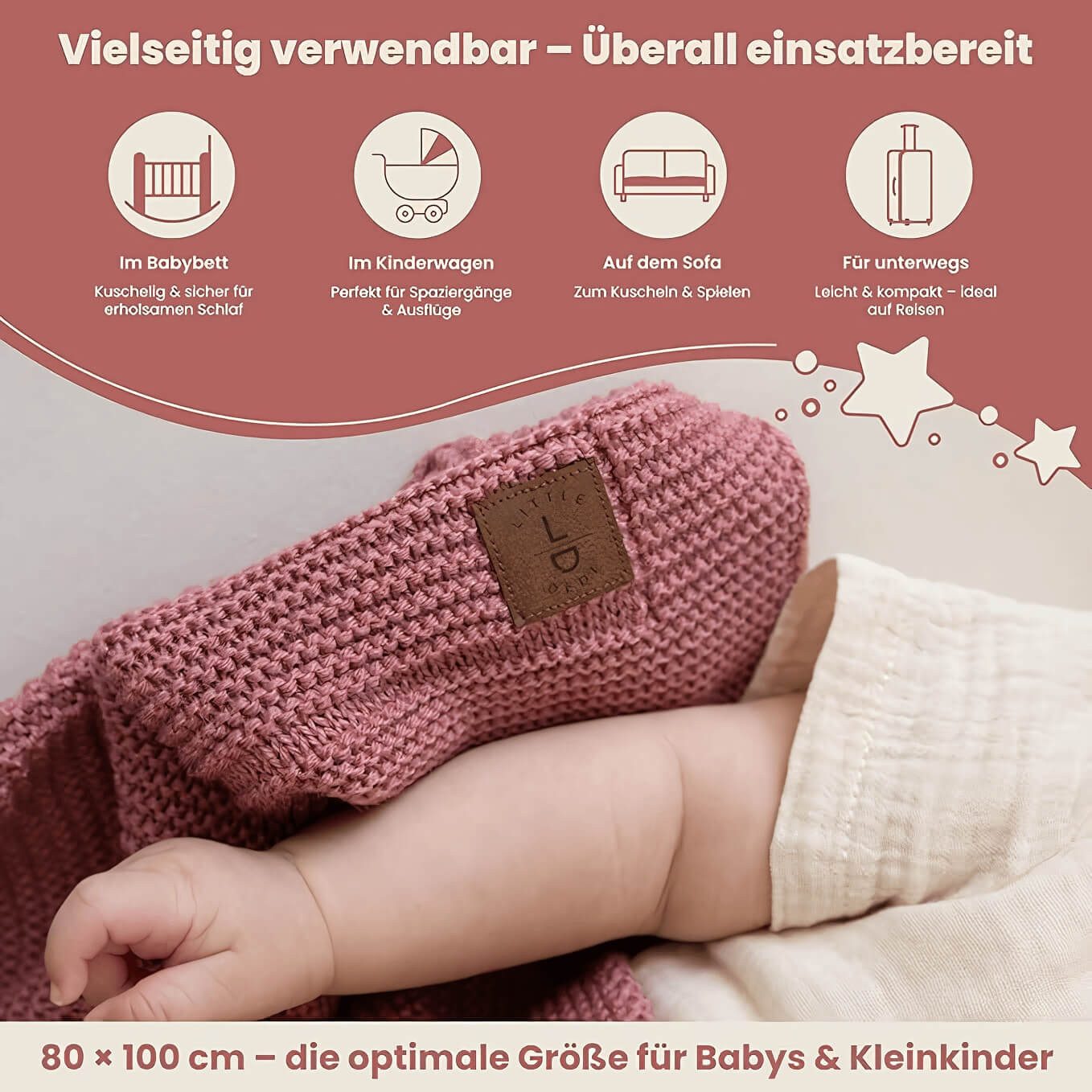 Babydecke Baby Strickdecke, Babydecke, Weich & Atmungsaktiv, 80x100cm, Rosa, Little Dedi – Bild 4 von 5