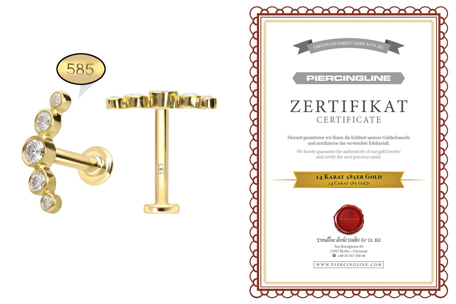 PIERCINGLINE Piercing-Set 14 Karat Gold Labret mit Innengewinde MOISSANIT-BOGEN (Labrets, 1-tlg)