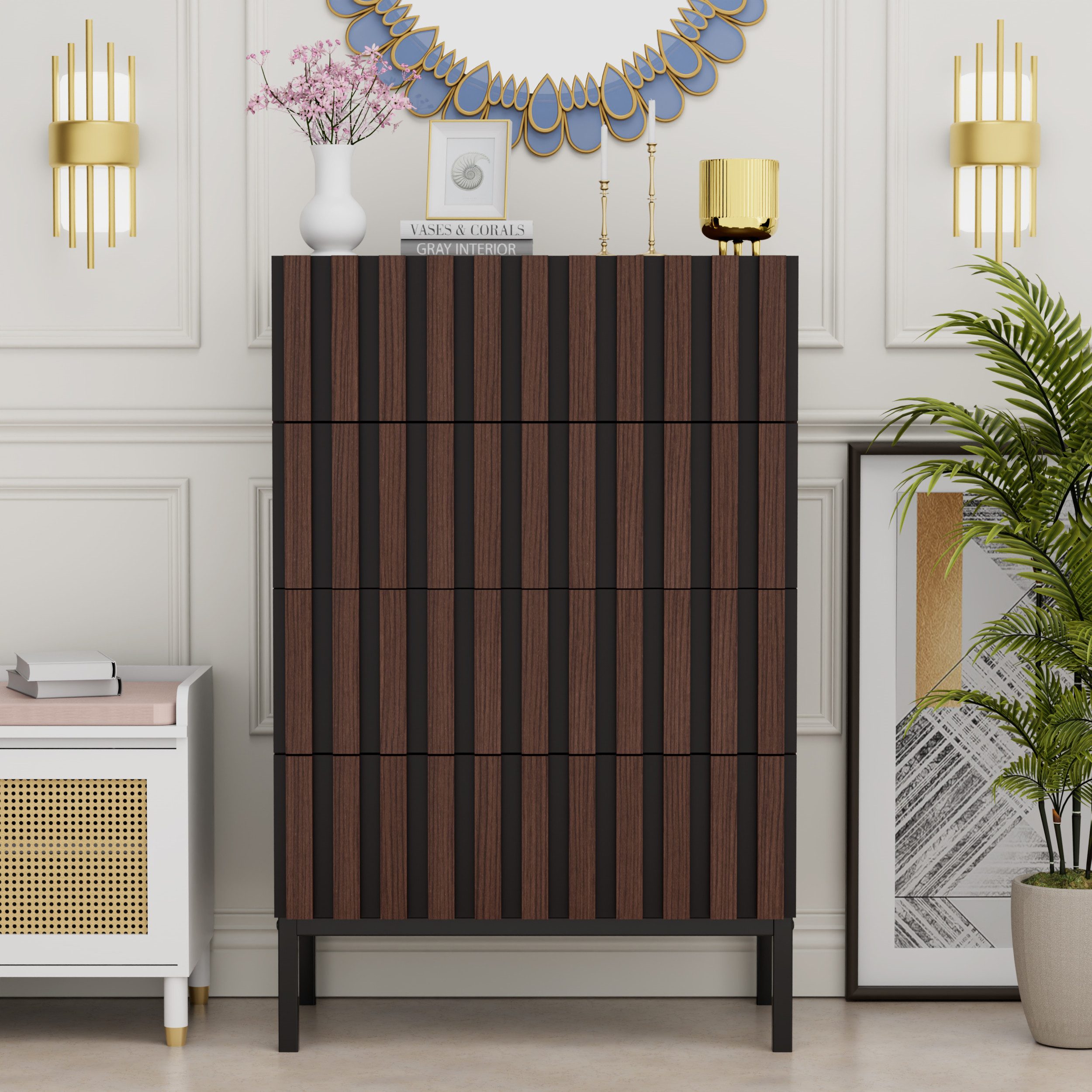 UEV Kommode schmal mit 4/5 Schublanden, Sideboard Beistellschrank Buffet (Aufbewahrungskommode, Mehrzweckschrank aus Holz(Natur/Schwarz/Dunkelbraun), Schrank für Wohnzimmer Schlafzimmer Flur