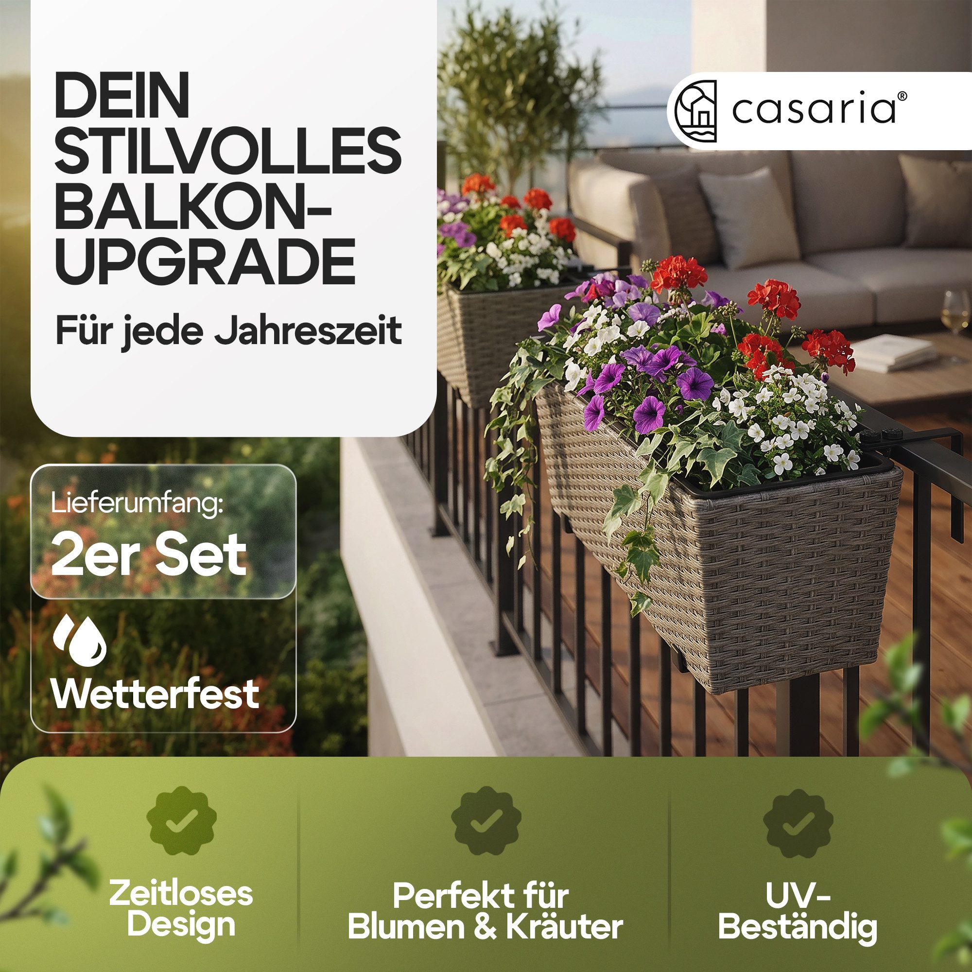 Casaria Blumenkasten, 2er Set 11 Liter Montagehalterung indoor outdoor Geländerkasten