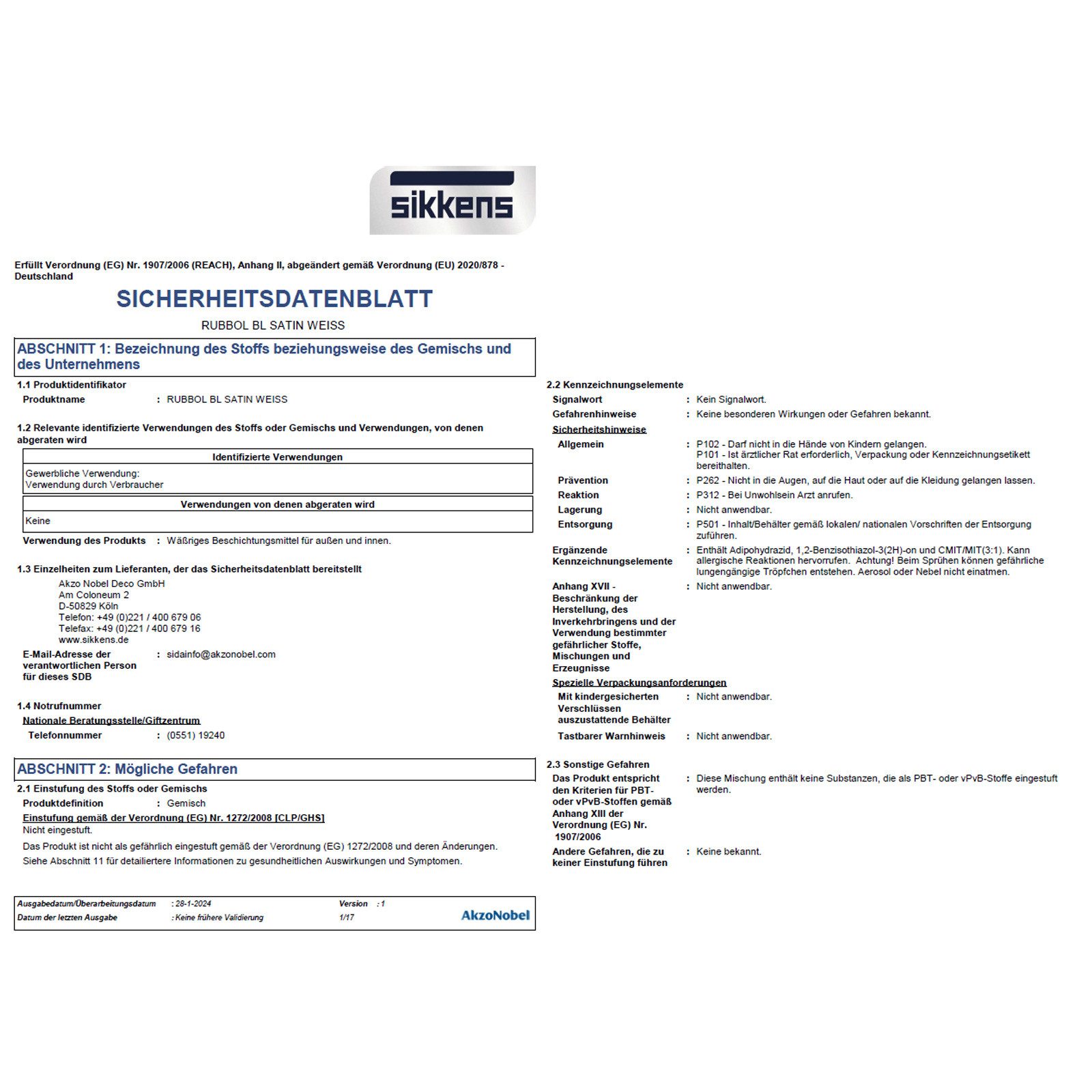 Sikkens Tür- und Fensterlack RUBBOL BL SATIN - 1 LTR (WEISS)
