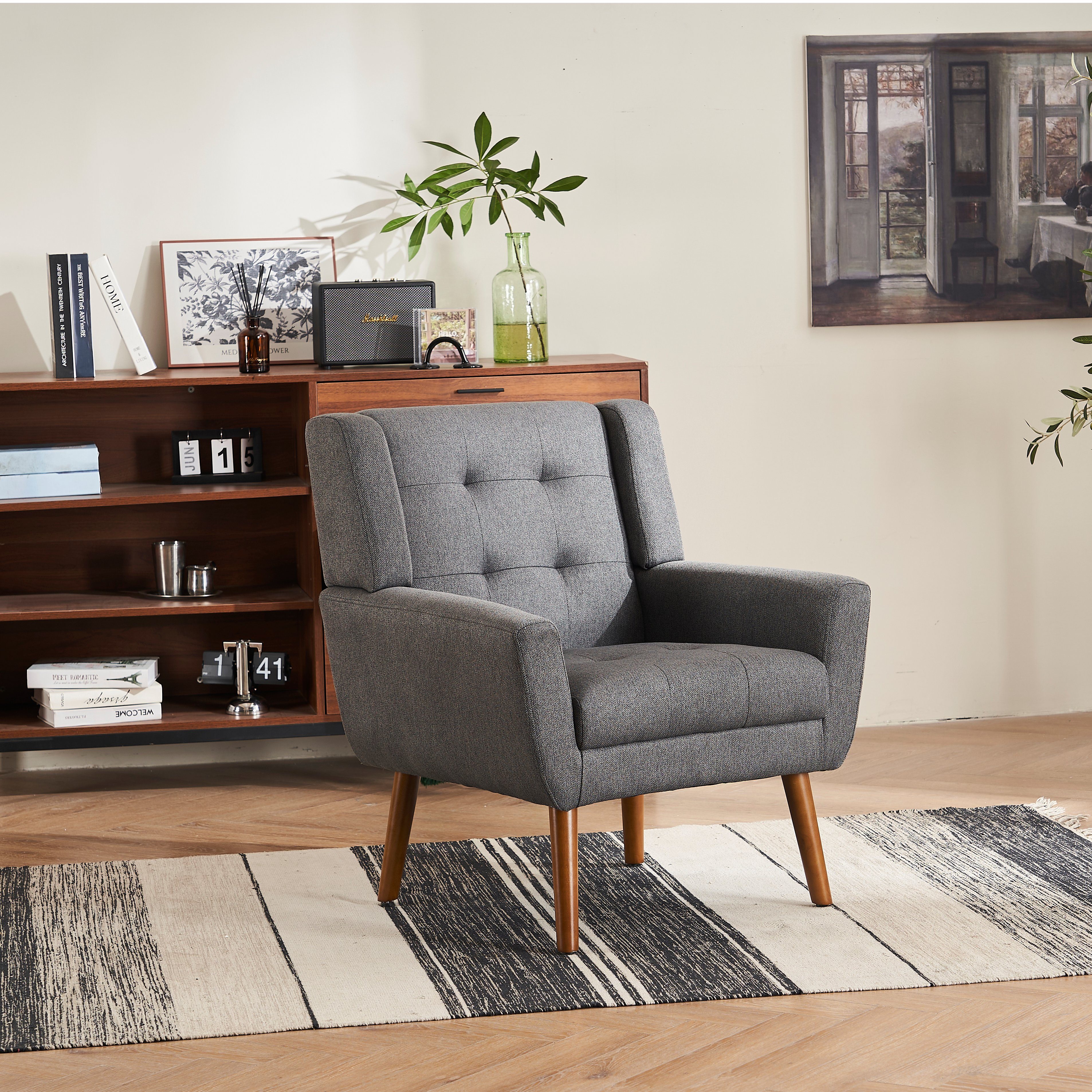 Ohrensessel Loungesessel Modern (Mid HAUSS Walnuss) Polstersessel Stoffarmstuhl, SPLOE Fernsehsessel Einzelsofa Century