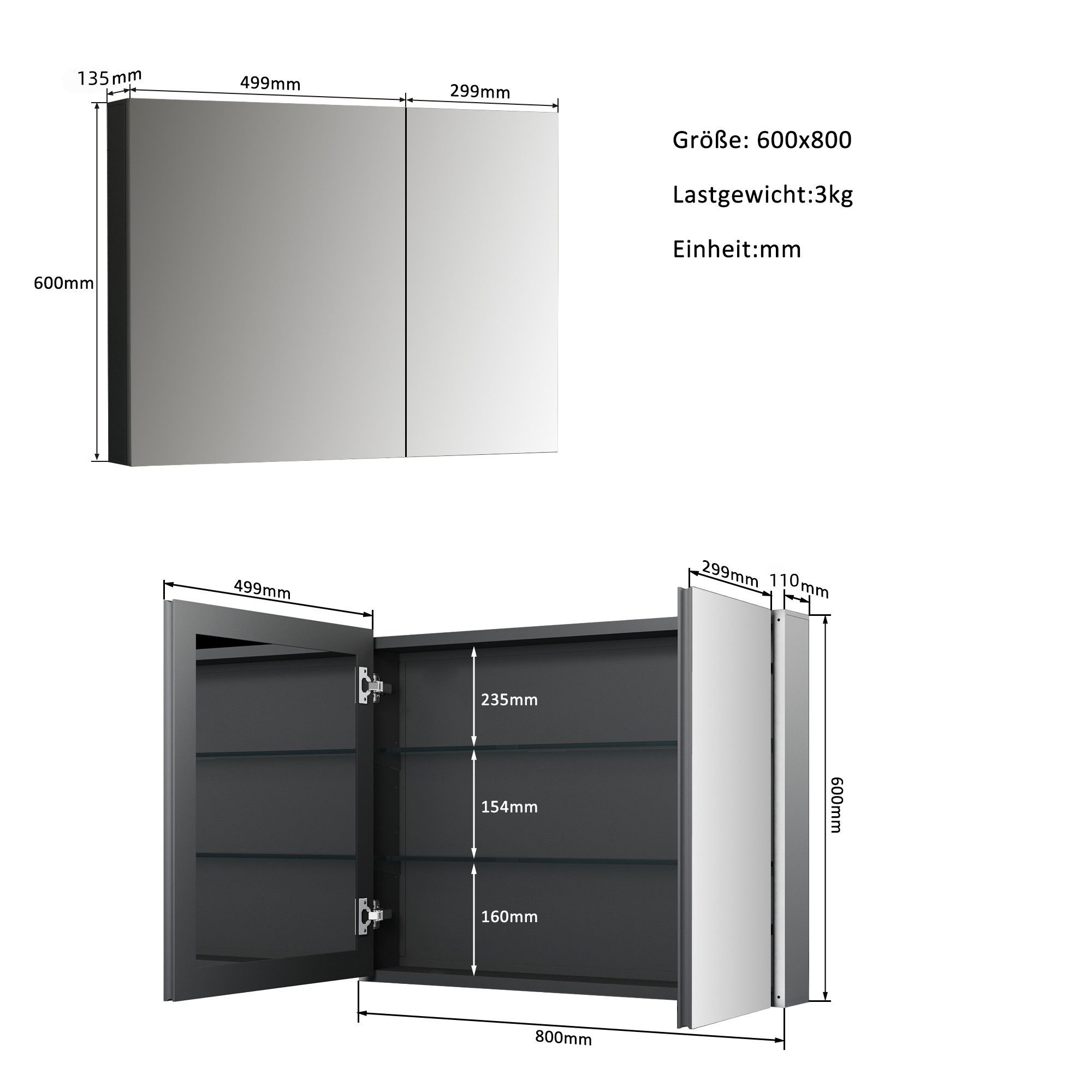 Hopibath Spiegelschrank Badezimmer 80 cm Breit Schwarz Badezimmerspiegelschrank 2 türig (Wandschrank Badschrank Eckig, Doppelseitiger Spiegel, Glasböden, Softcl – Bild 4 von 5