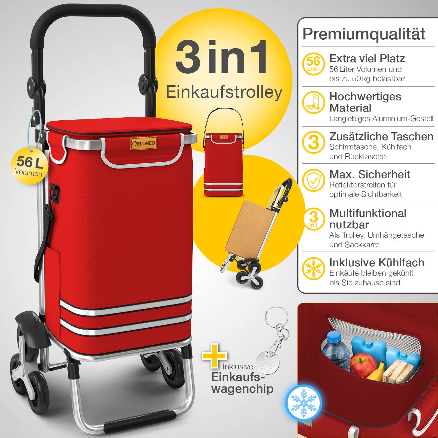 ELONEO Einkaufstrolley ELONEO Einkaufstrolley Treppensteiger, 56L Volumen, 3×3 Radsystem, Mit HängFix zum Anhängen an den Einkaufswagen