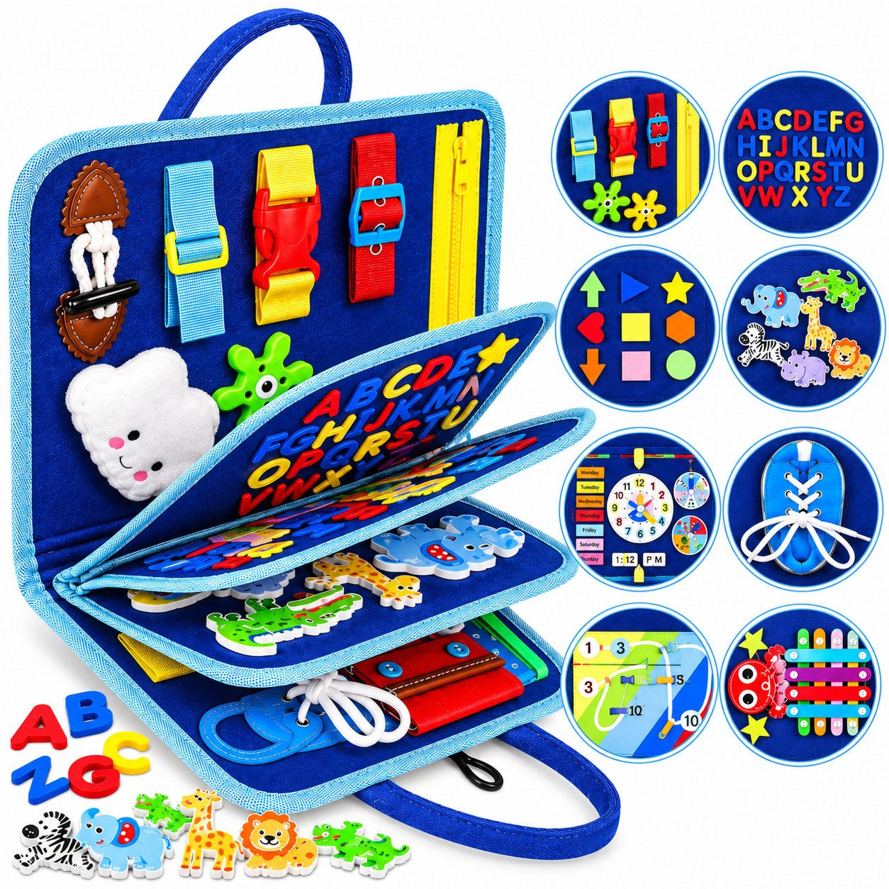 Fyrove Lernspielzeug Montessori Busy Board ab 10 Monaten, Filz-Lernspielzeug (Reißverschluss, Schnallen, Zahlen, Buchstaben, Formen, Uhr & …