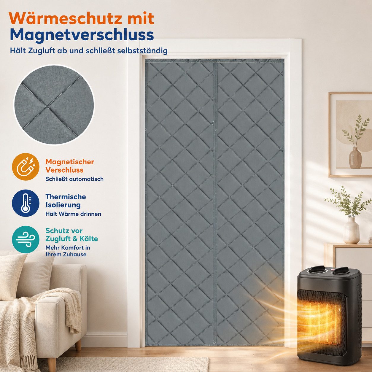 LMaxhome Türvorhang Thermovorhang ohne Bohren, Magnetisch, Kälteschutz, Hitzeschutz, Grau, 3-lagiges Oxford, Wärmeschutzvorhang, winddicht, für Haustür & Balkon – Bild 2 von 5