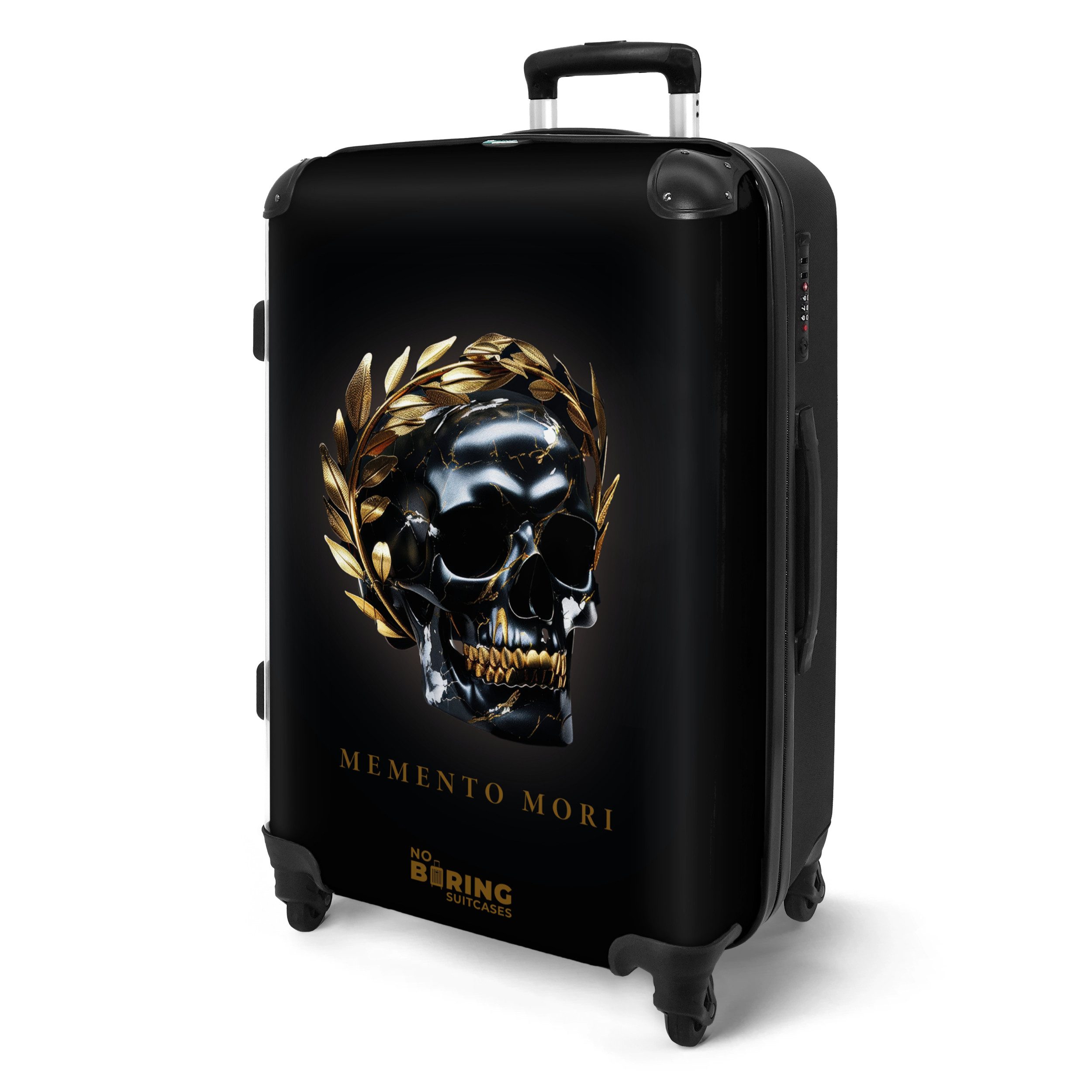 NoBoringSuitcases.com© Hartschalen-Trolley Schwarz mit goldenem Totenkopf günstig online kaufen
