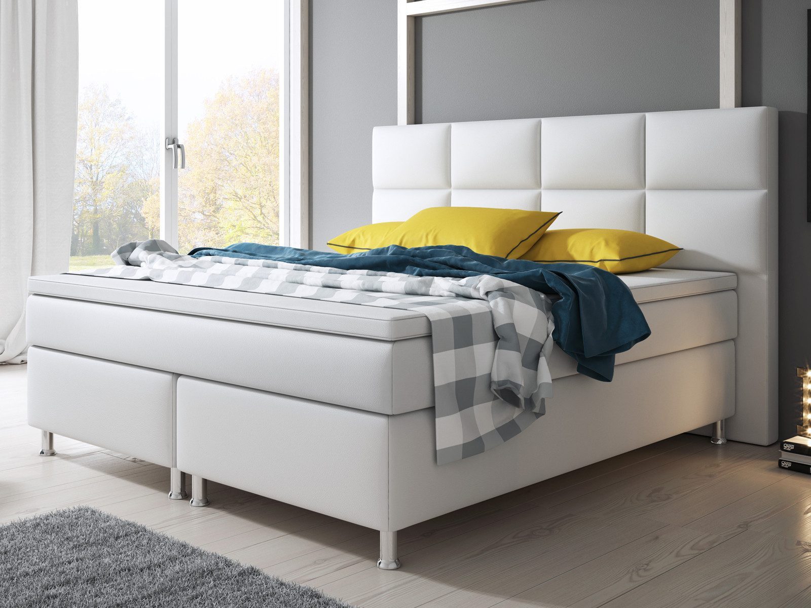 inter Boxspringbett Miami 180x200 cm Kunstleder mit 7-Zonen TFK und Topper (180x200 cm, Weiß mit 7 Zonen Taschenfederkernmatratzen und Topper), Boxspringbett, Hotelkomfort, Mit Topper, Tonnentaschenfederkern