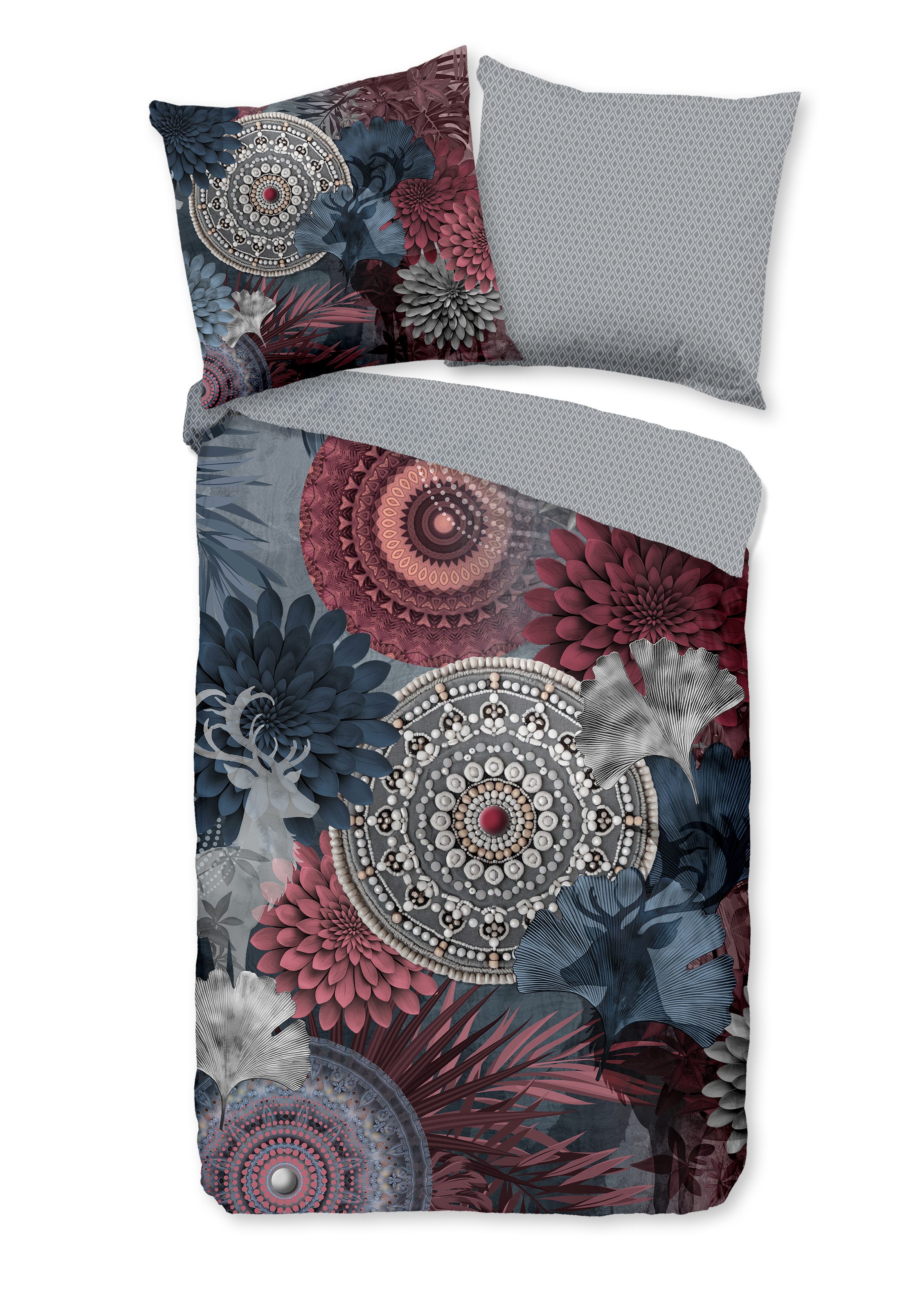 hip Bettwäsche Bettwäsche 135x200 + 1 x 80x80 cm Flanell Makenna Mandalas, Blumen un, Flanell, 2 teilig, 1 x Bettbezug 135 x 200 cm + 1 x Kissenbezug 80 x 80 cm grau