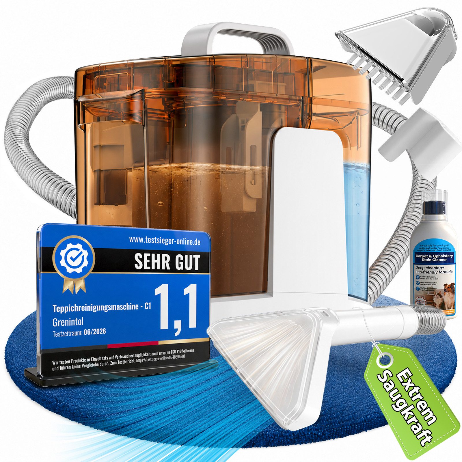 Grenintol Teppichreinigungsgerät 25kPA Waschsauger,Teppichreiniger,Tragbarerer Polsterreiniger Gerät, 600 W, 1,45 l Frischwassertank + 1,6 l Schmutzwassertank, tragbarer Nasssauger & Fleckenreiniger mit 2-Tank-System, reinigt gründlich Polster, Teppiche, Autositze & Matratzen