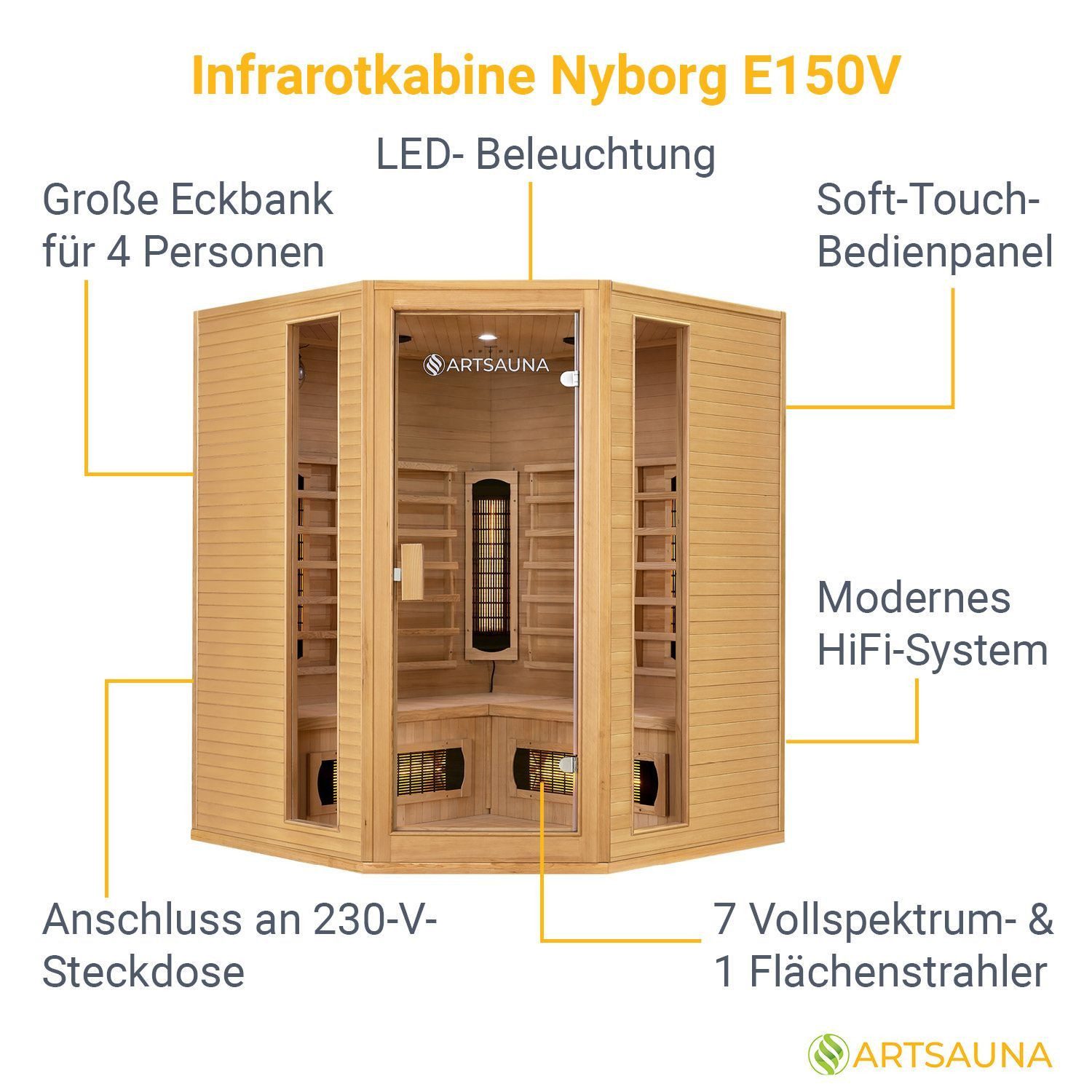Artsauna Infrarotkabine Nyborg E150V Dual Technologie, für 4 Personen, Hemlock-Holz, HiFi-System, Ionisator, LED-Farblicht