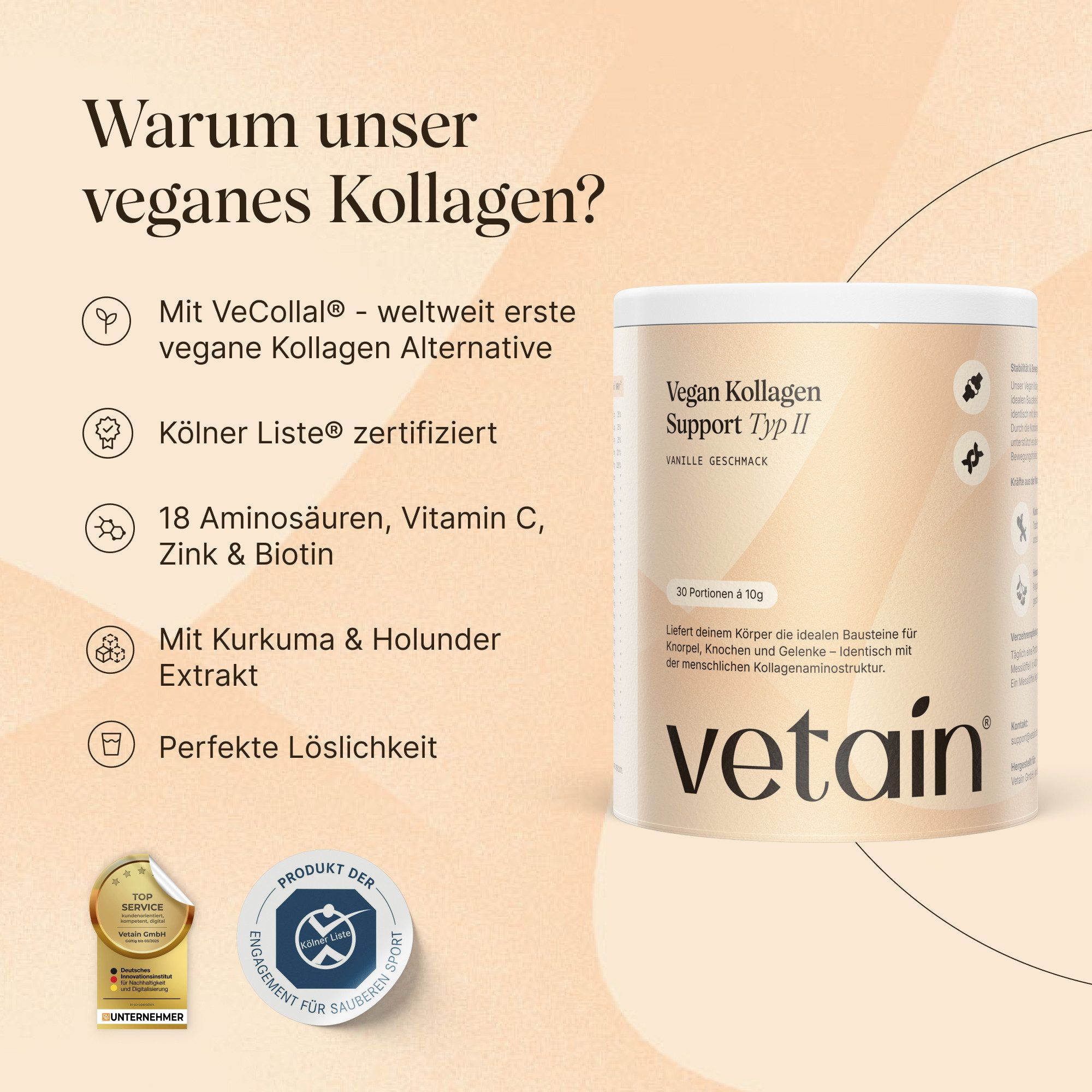 VETAIN Vegan Kollagen Pulver - Mit VeCollal, Kurkuma & Holunder Extrakt - Pulver, 300 g, Typ 2