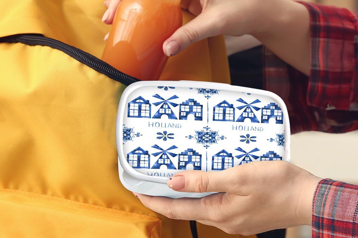 MuchoWow Kunststoff, Blau, Brotbox Jungs Kinder weiß - für und für Holland - Delfter Erwachsene, Lunchbox Muster und Brotdose, (2-tlg), Mädchen