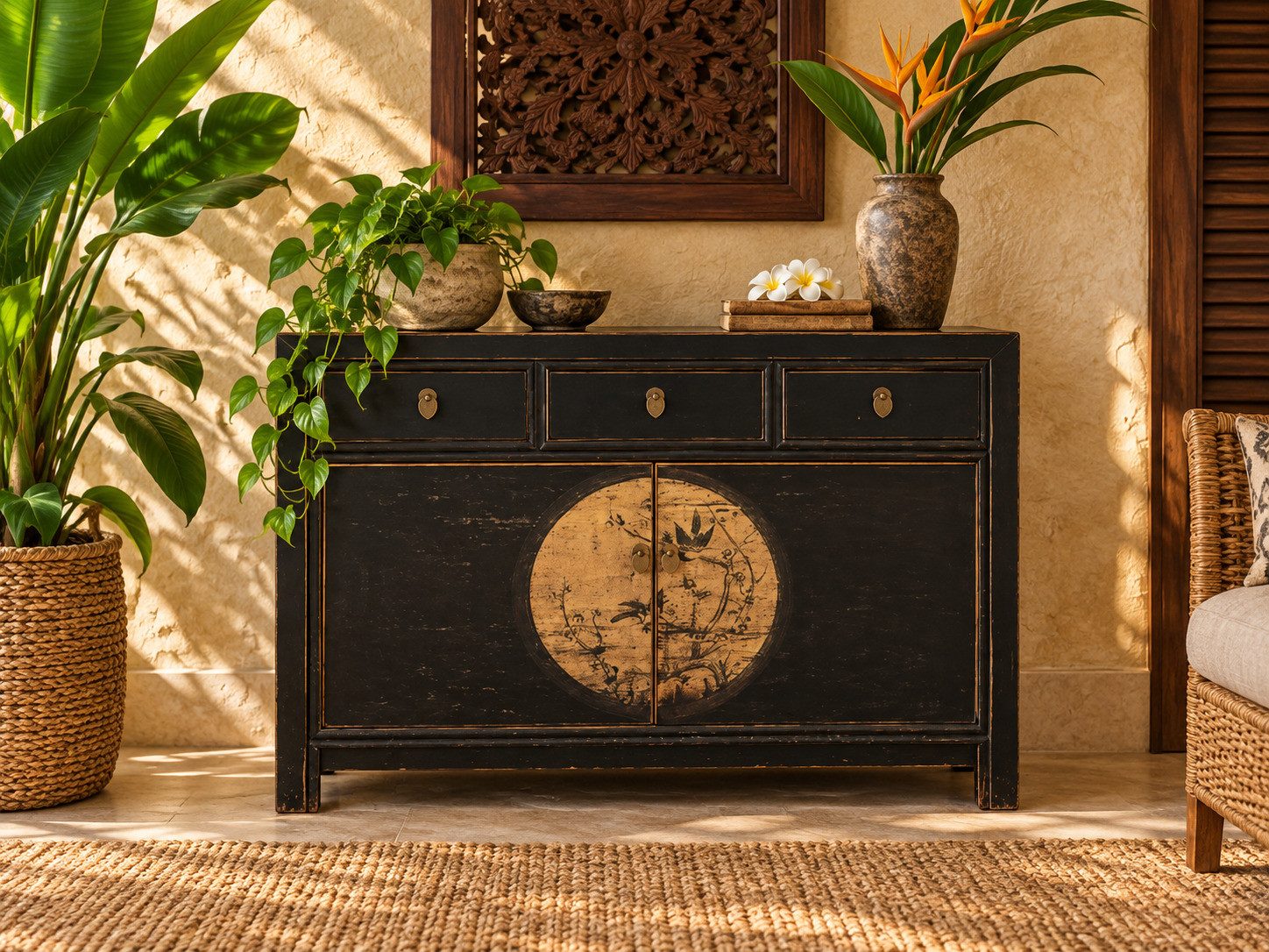 OPIUM OUTLET Kommode Asia Schrank Sideboard orientalisch chinesisch (komplett montiert), Vintage-Stil, asiatisch, schwarz-beige