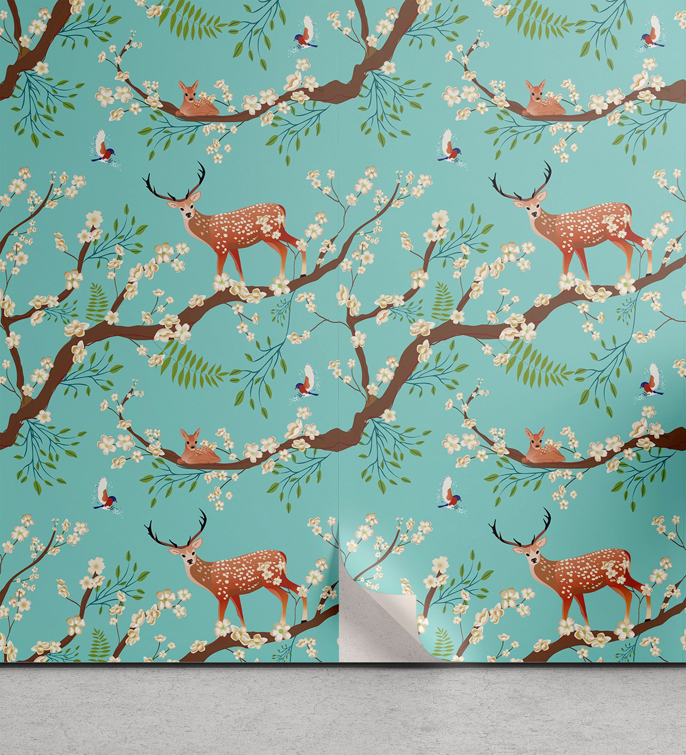 Vogel japanische Wald selbstklebendes Sika Deer Vinyltapete Kunst Abakuhaus Wohnzimmer Küchenakzent,