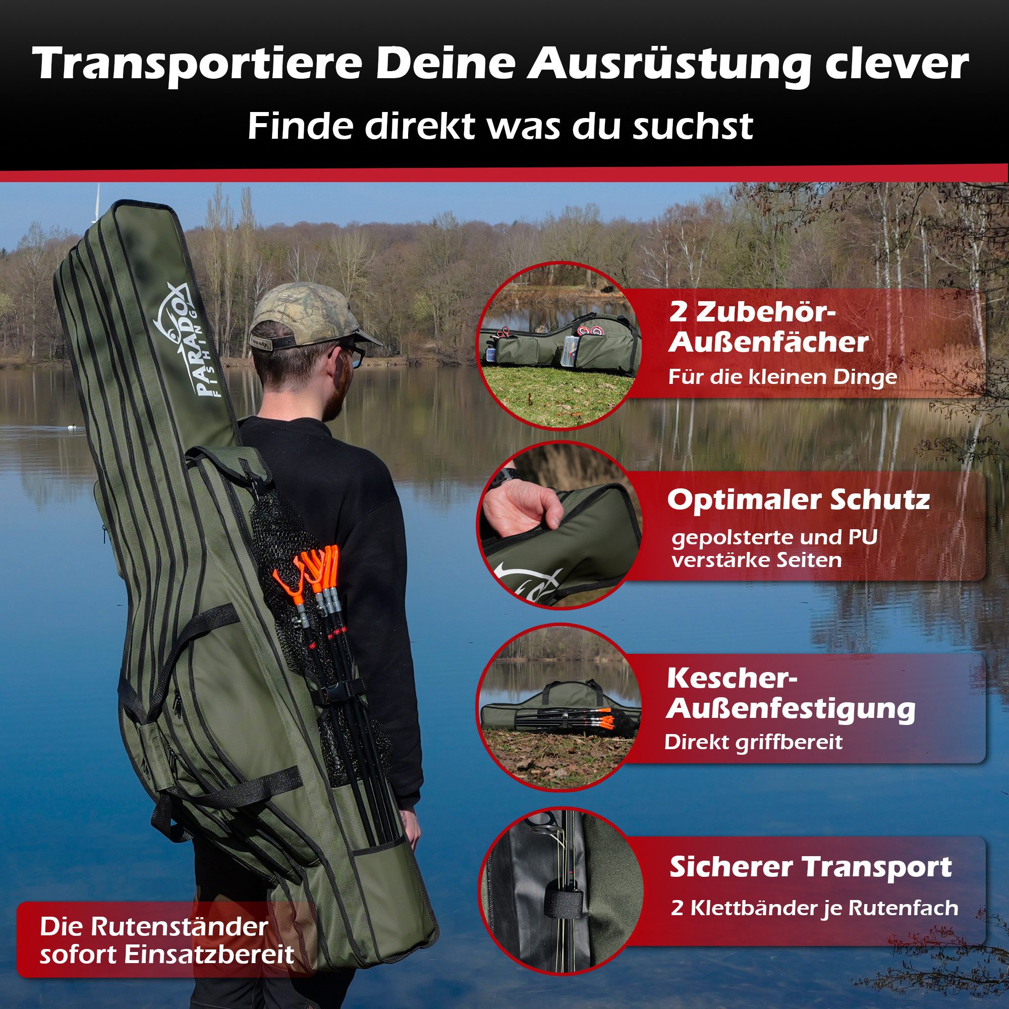 Paradox Fishing Angelrutentasche (2/3/4 Fächer 150/160/190cm Grün), Kescherhalterung an der Seite